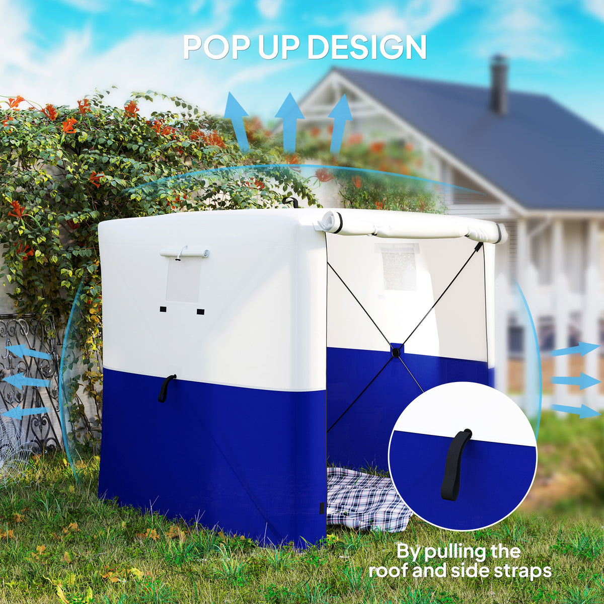 Outsunny pop-up gazebo with white roof, blue lower panels and pull straps