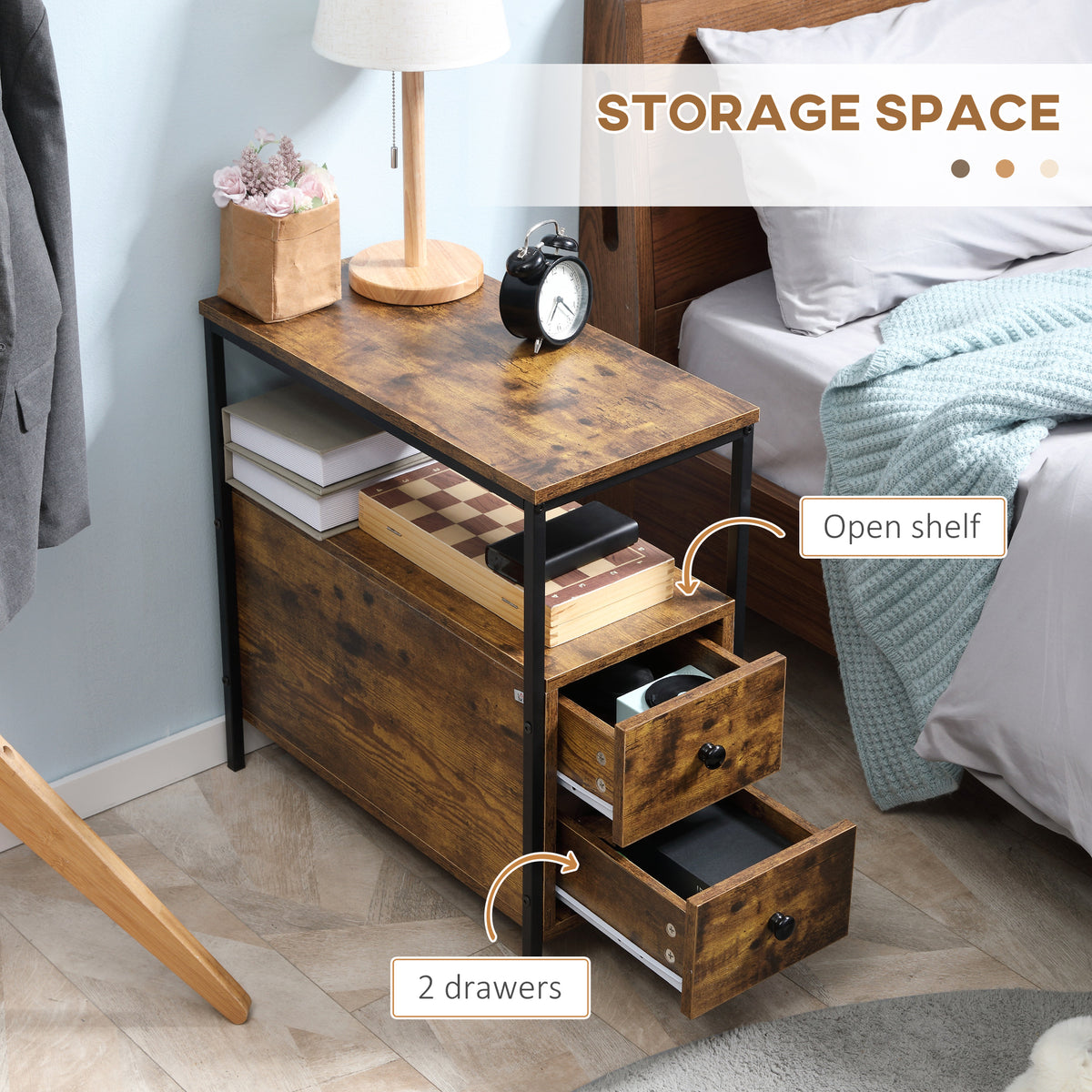 Bedside table with two open drawers and a shelf, showing its storage space