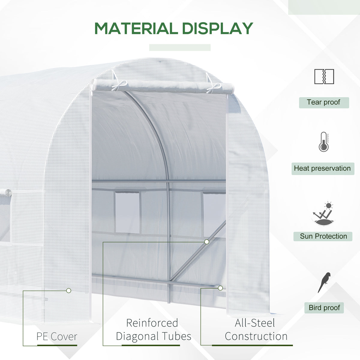 Outsunny greenhouse PE cover and reinforced steel frame with diagonal support tubes