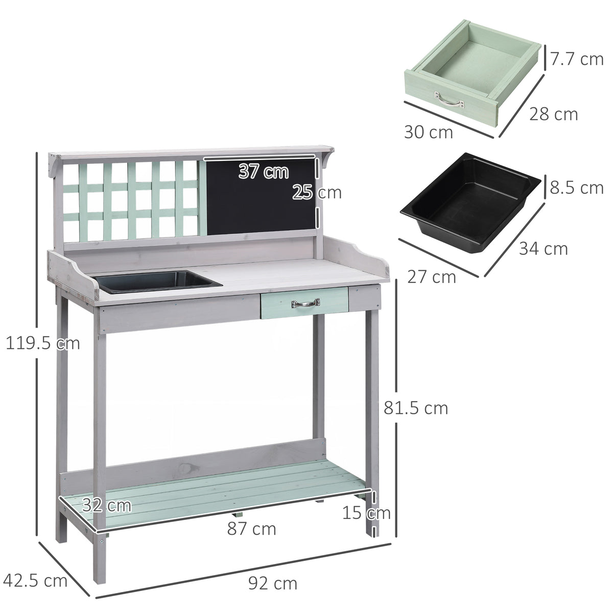 HOMCOM potting table with sink, drawer and shelf, with dimensions shown