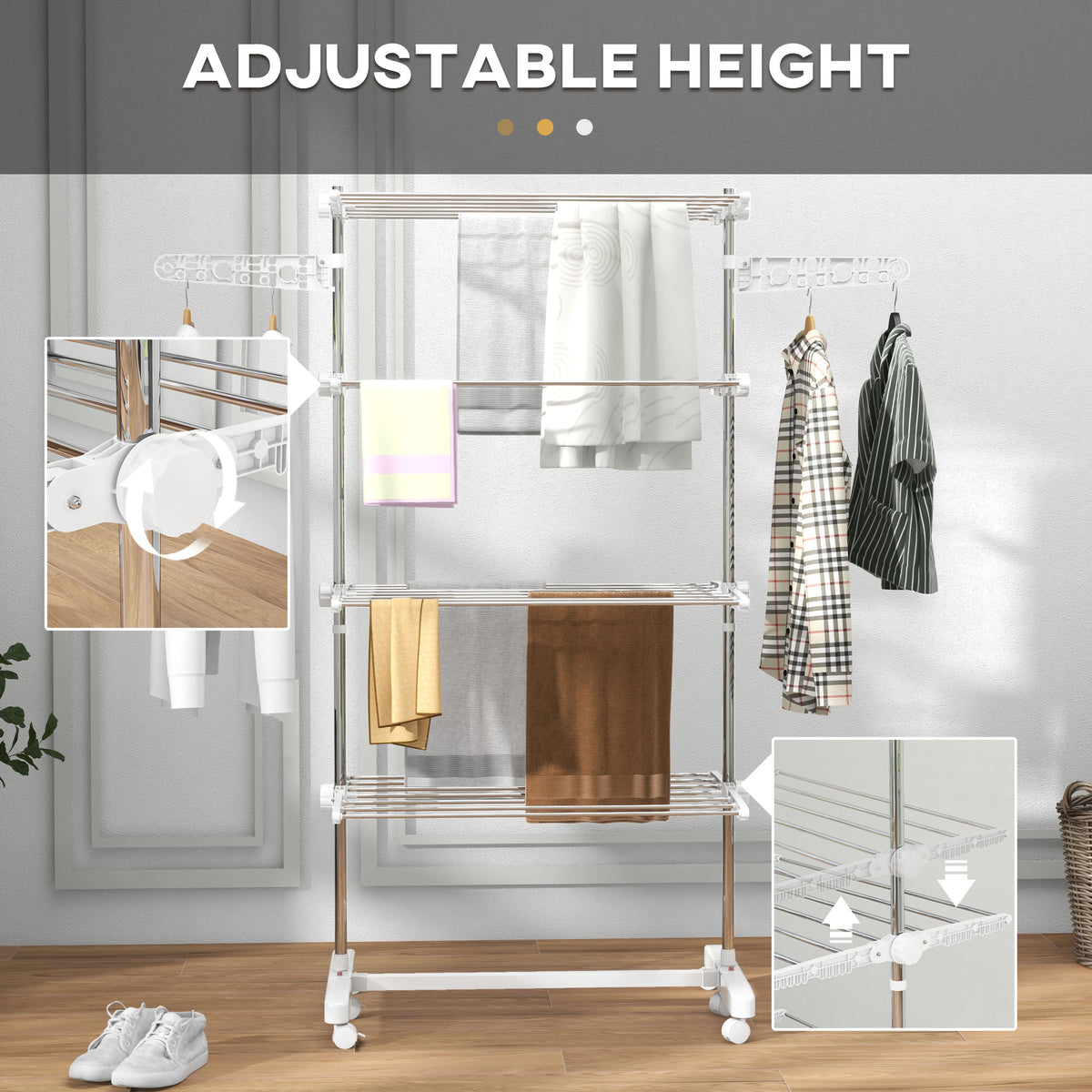 White four-tier drying rack holding clothes and towels, with adjustable shelves and side hanging arms.