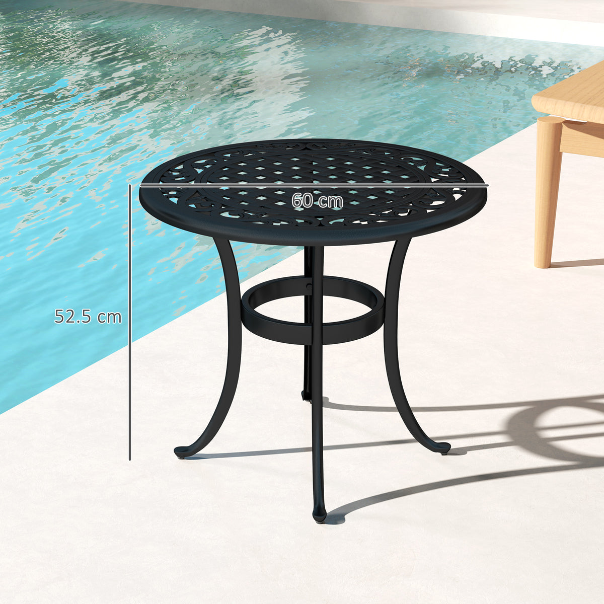 Round black patio table, 60 cm wide and 52.5 cm high, with curved legs