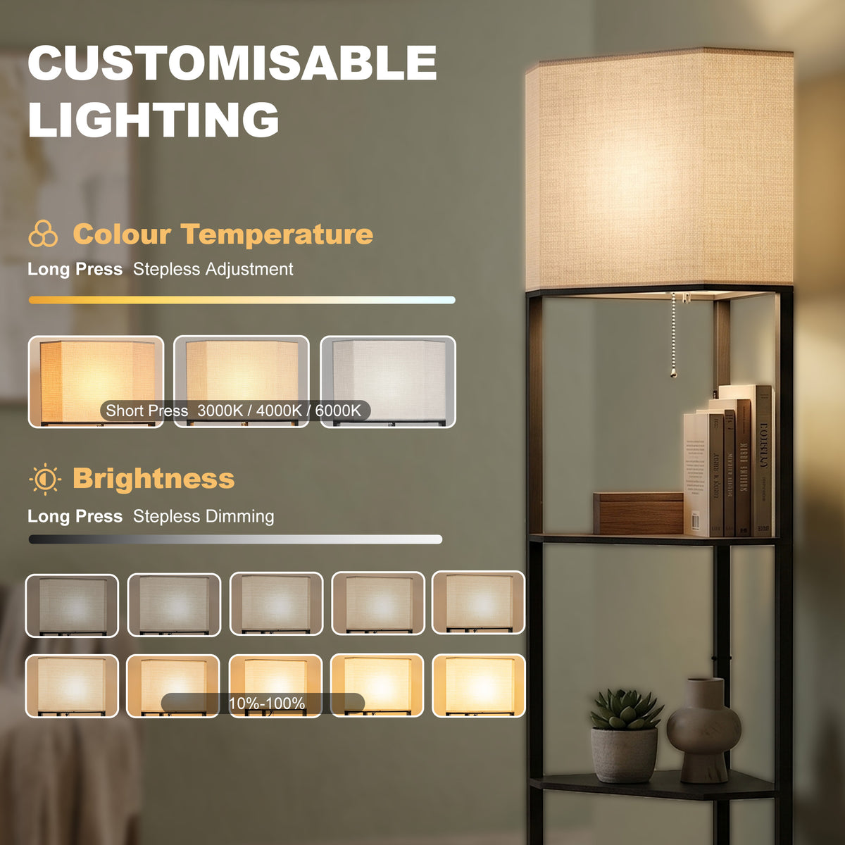 Black shelf floor lamp with beige shade, pull chain, and adjustable lighting controls