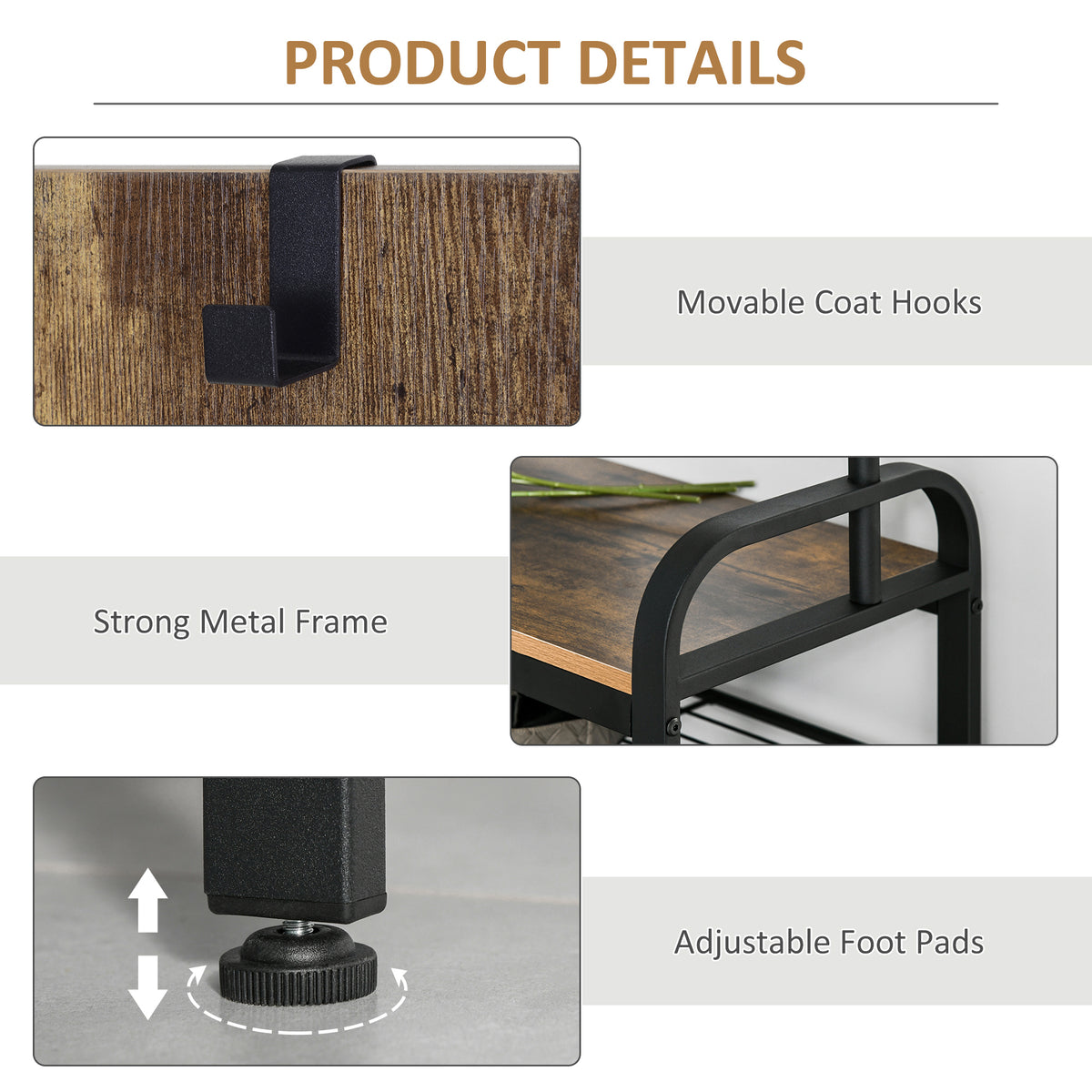 HOMCOM coat rack details showing movable hooks, metal frame, and adjustable feet