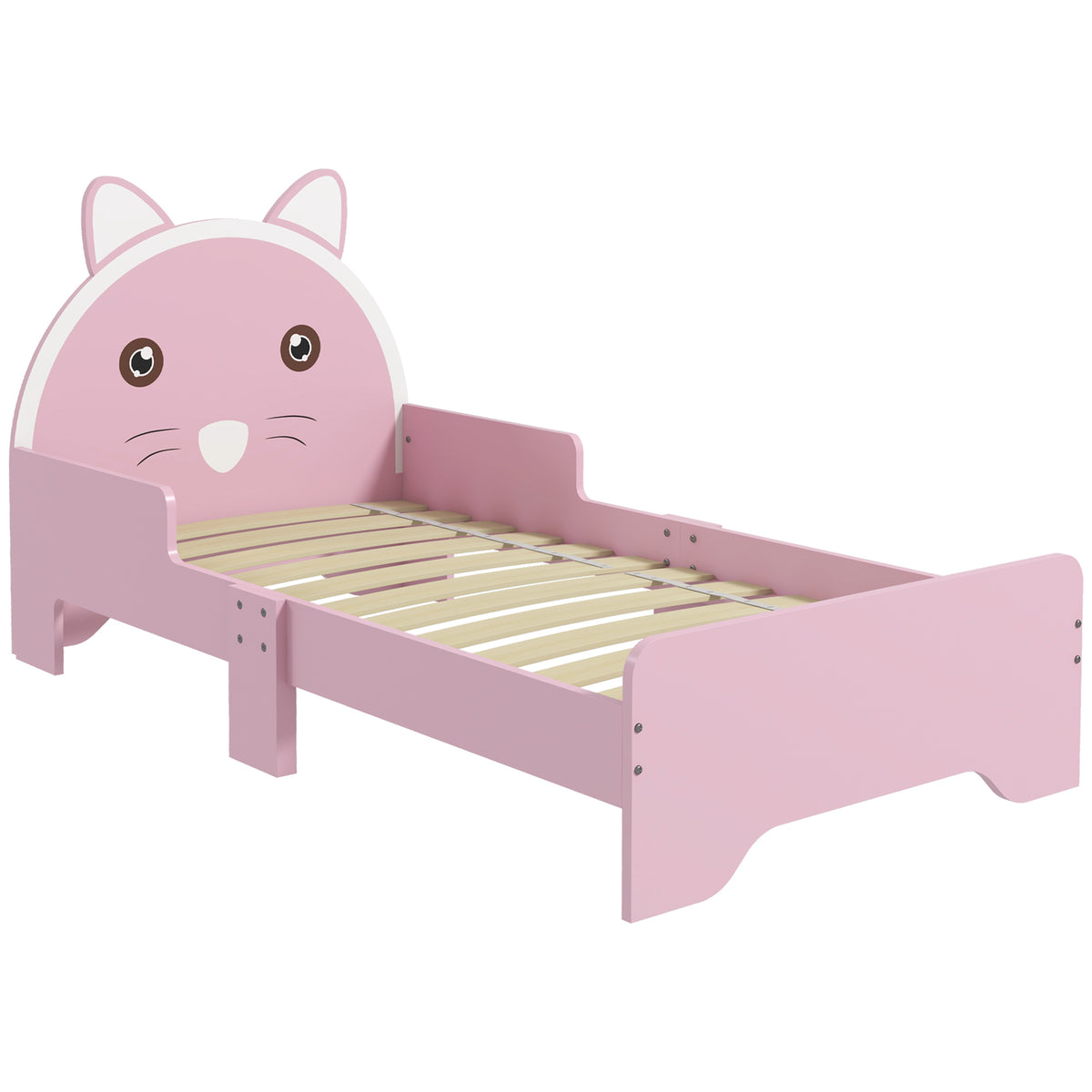Pink cat-shaped toddler bed frame with guardrails, slatted base and center support leg
