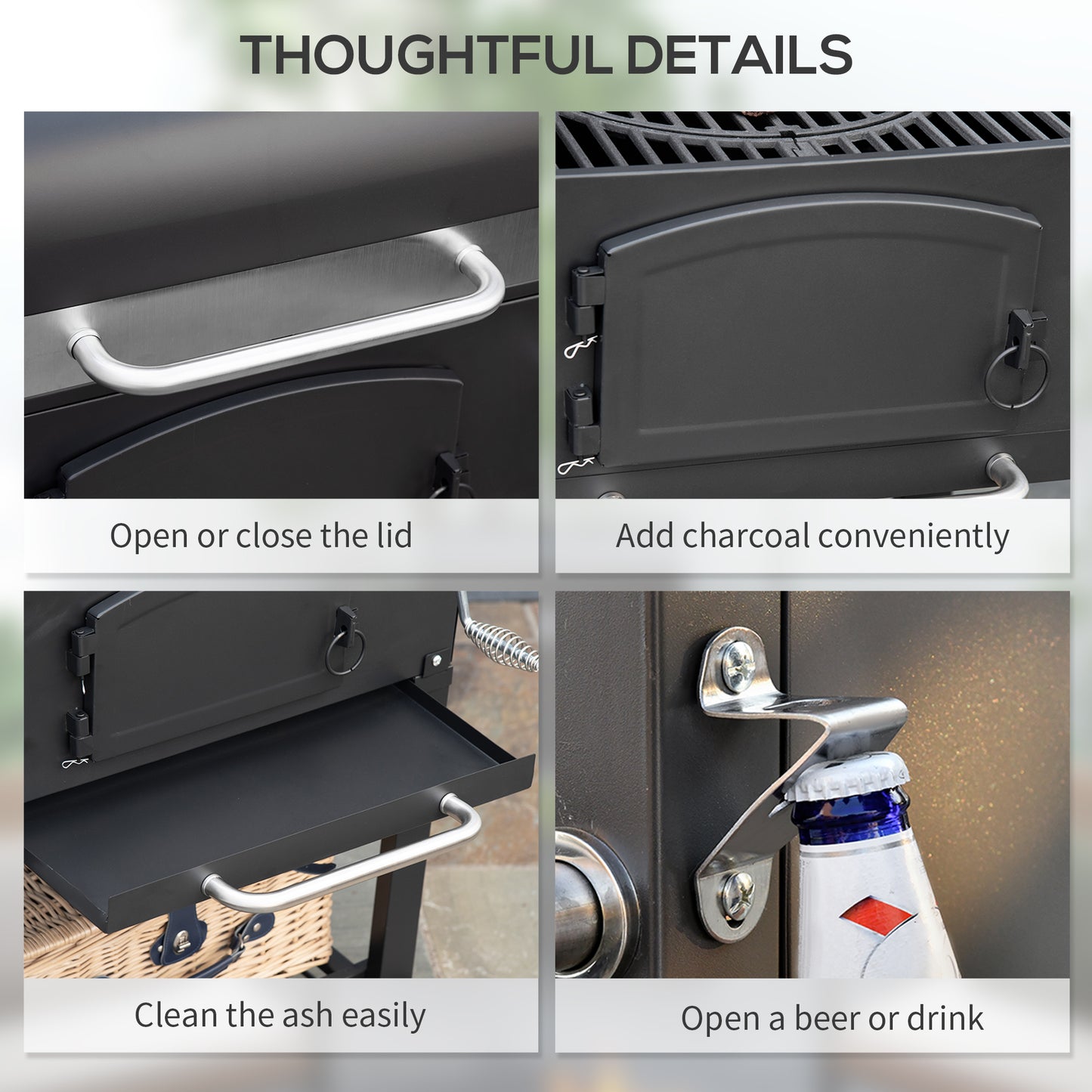 Outsunny 3-in-1 Charcoal BBQ, with Shelves - Black