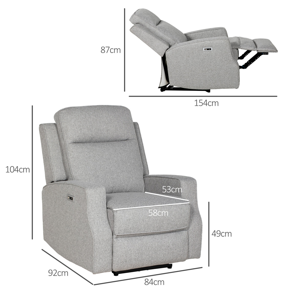 Grey electric recliner shown upright and fully extended with dimensions