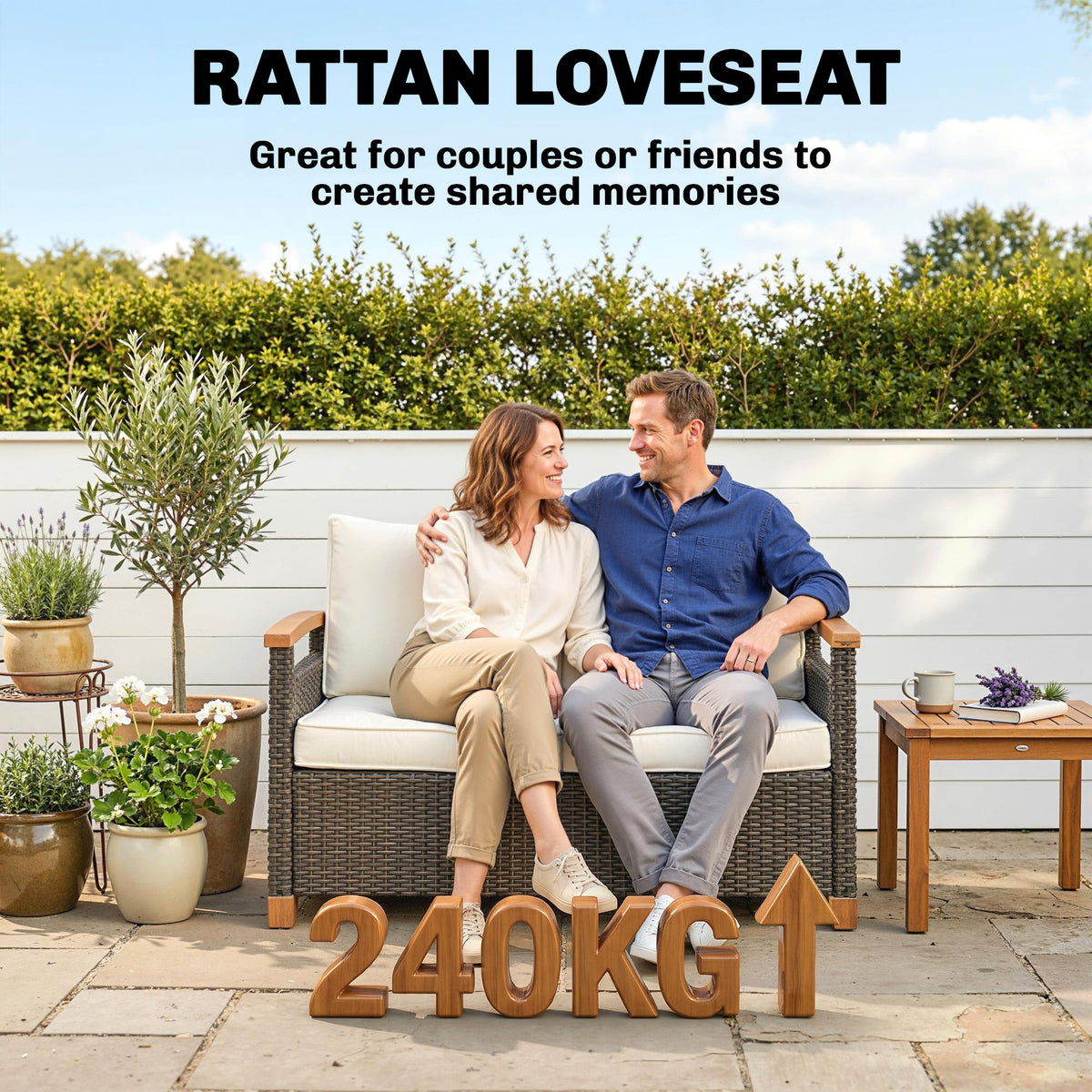 Outsunny 2 Seater Rattan Garden Sofa, Outdoor Sofa with Thickened Cushions and Acacia Wood Armrests, Brown