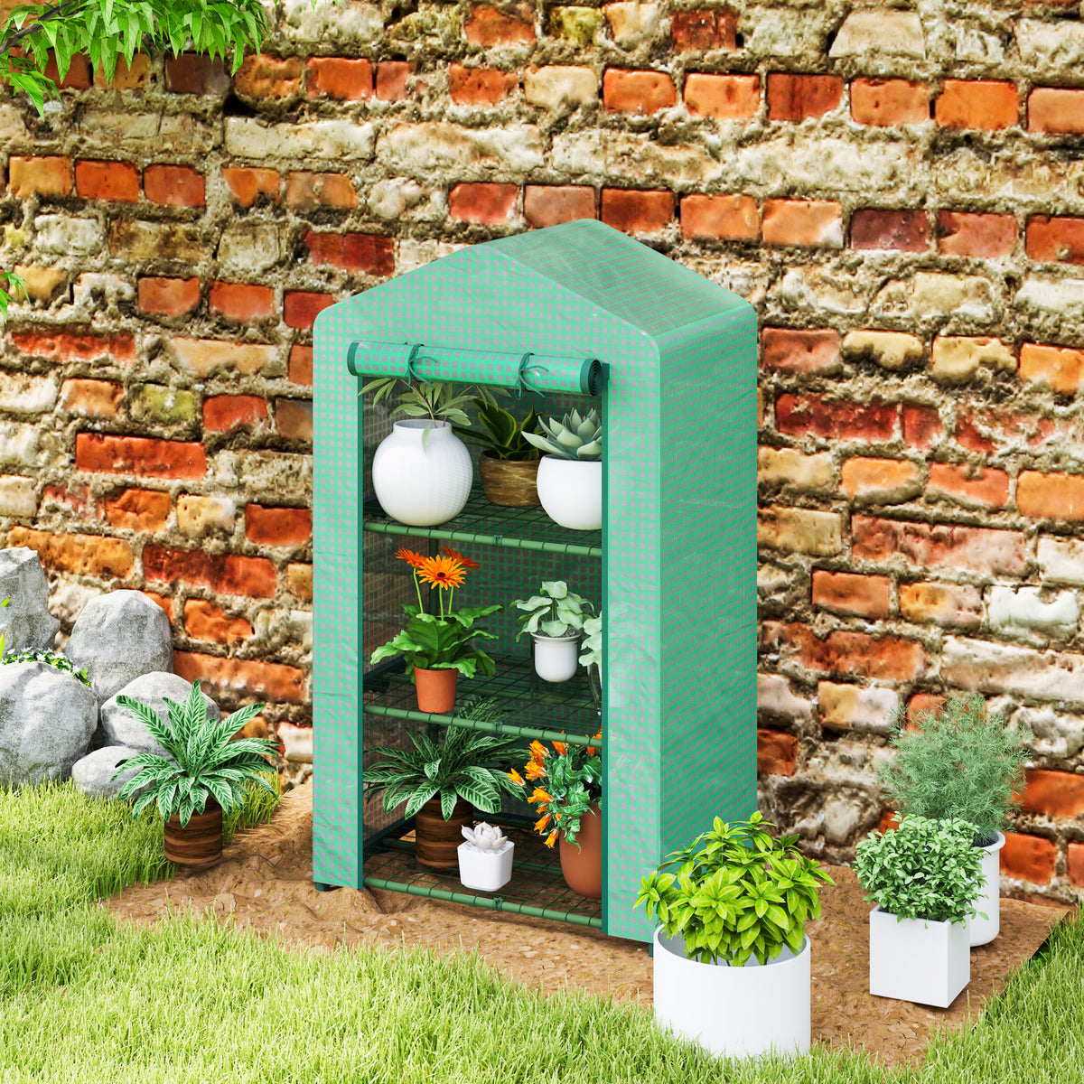 Outsunny 3 Tier Mini Greenhouse Portable Garden Grow House with Roll Up Door and Wire Shelves, 69 x 49 x 125 cm, Green