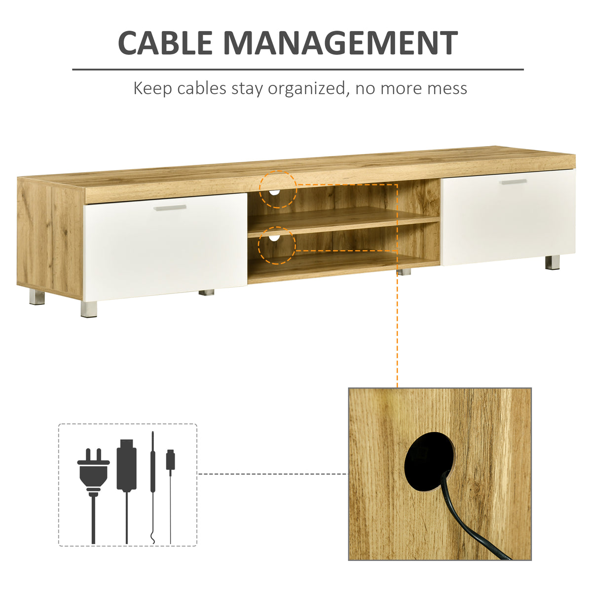 HOMCOM TV stand with cable pass-through hole in the oak-look back panel