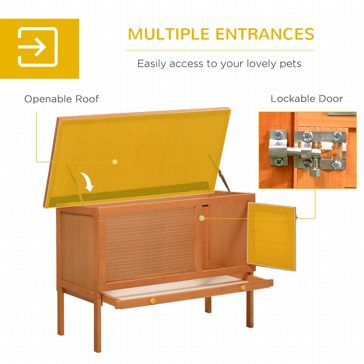 PawHut wooden rabbit hutch with openable roof, mesh panel and lockable door
