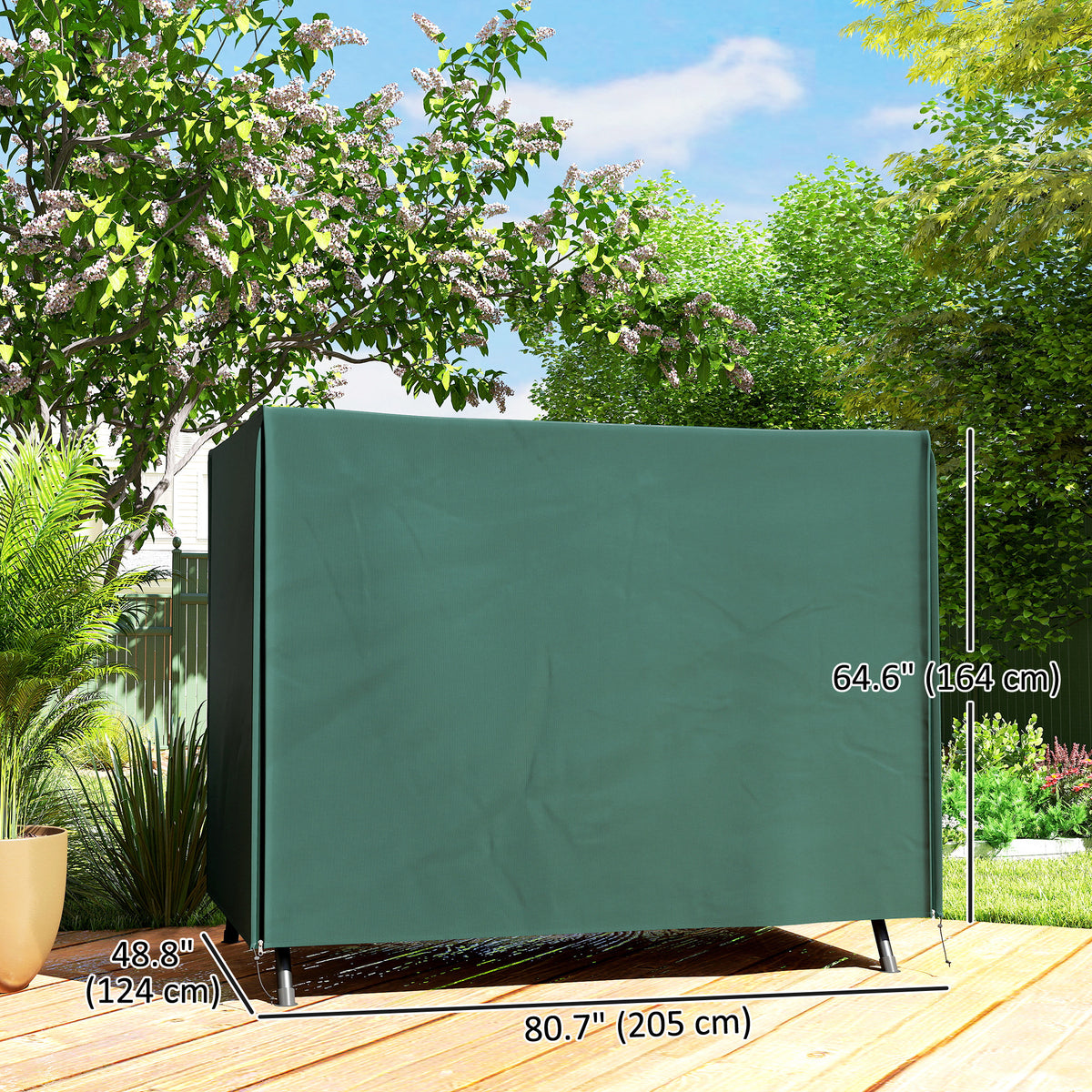 Green three-seater swing chair cover shown fitted, with width and height measurements