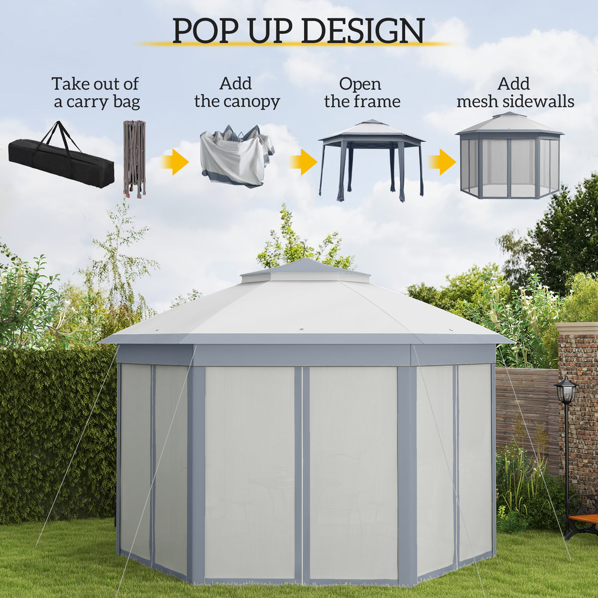 Outsunny hexagonal gazebo with enclosed mesh sidewalls and a pop-up frame