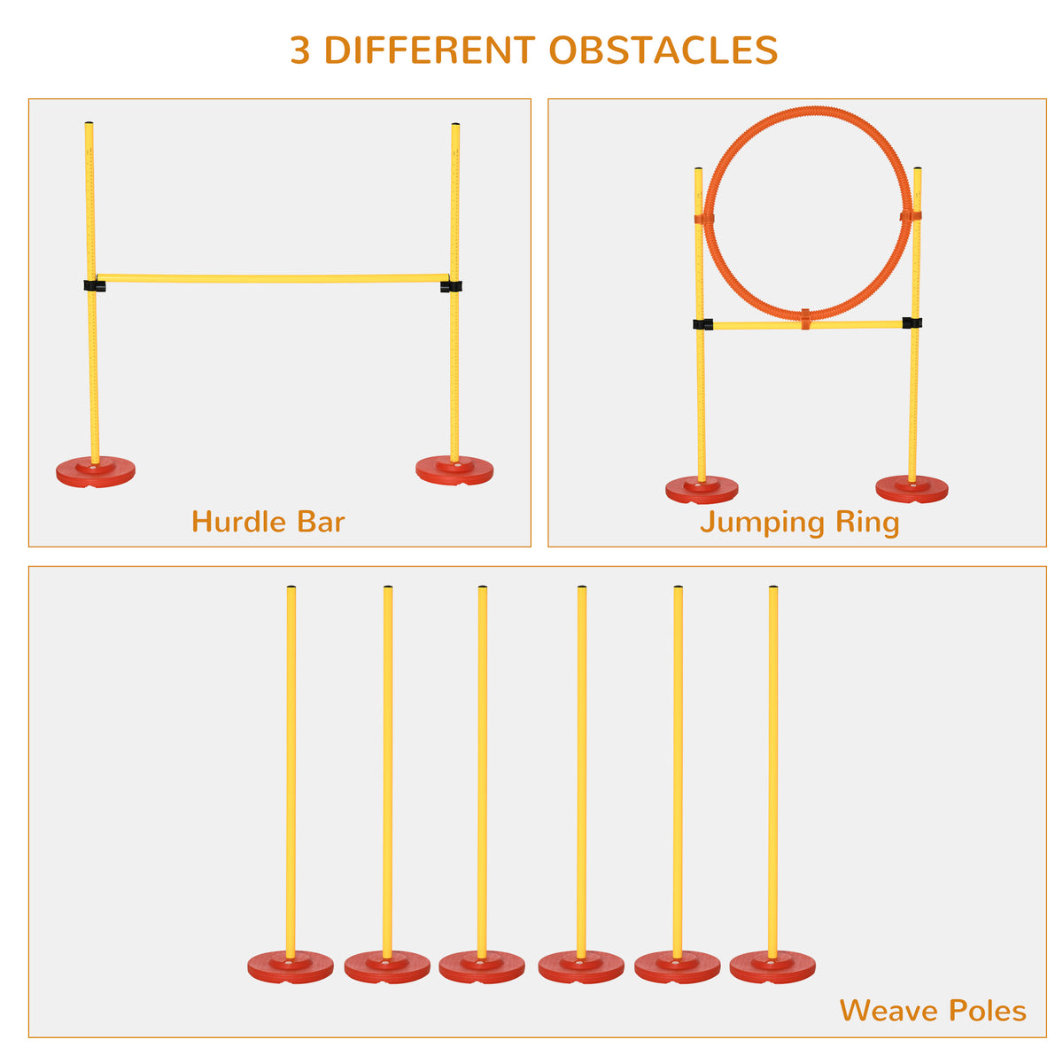Dog agility set showing hurdle bar, jumping ring, and six weave poles