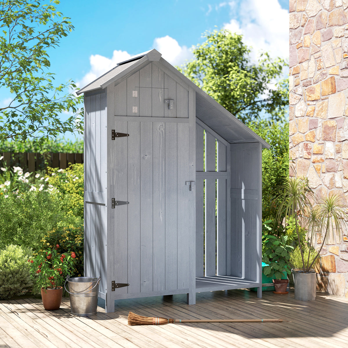 Outsunny Garden Outdoor Storage Shed 3 Shelves Tilt Roof w/ Firewood Rack Log Carrier, 129L x 51.5W x 180H cm