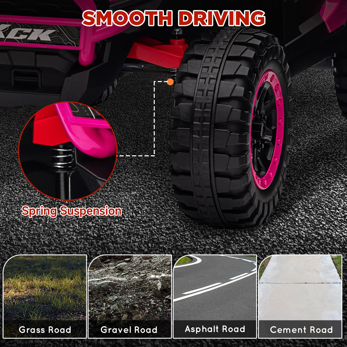 Ride-on truck's chunky tire and spring suspension detail