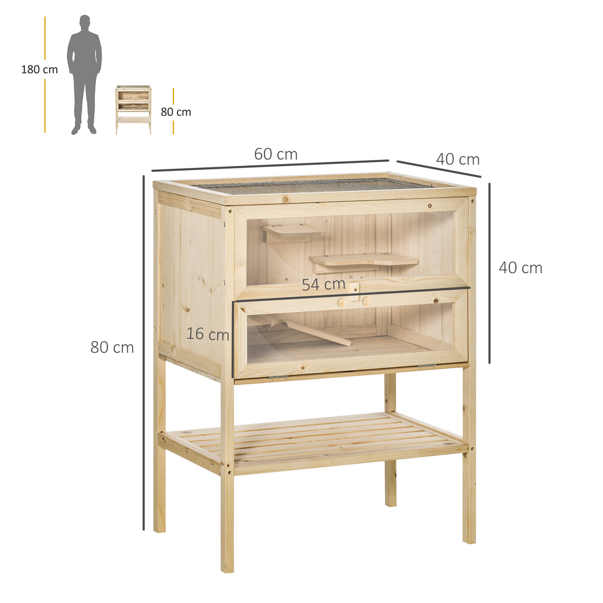 Natural wood hamster cage with mesh top, front panels, interior shelves, ramp and lower storage shelf