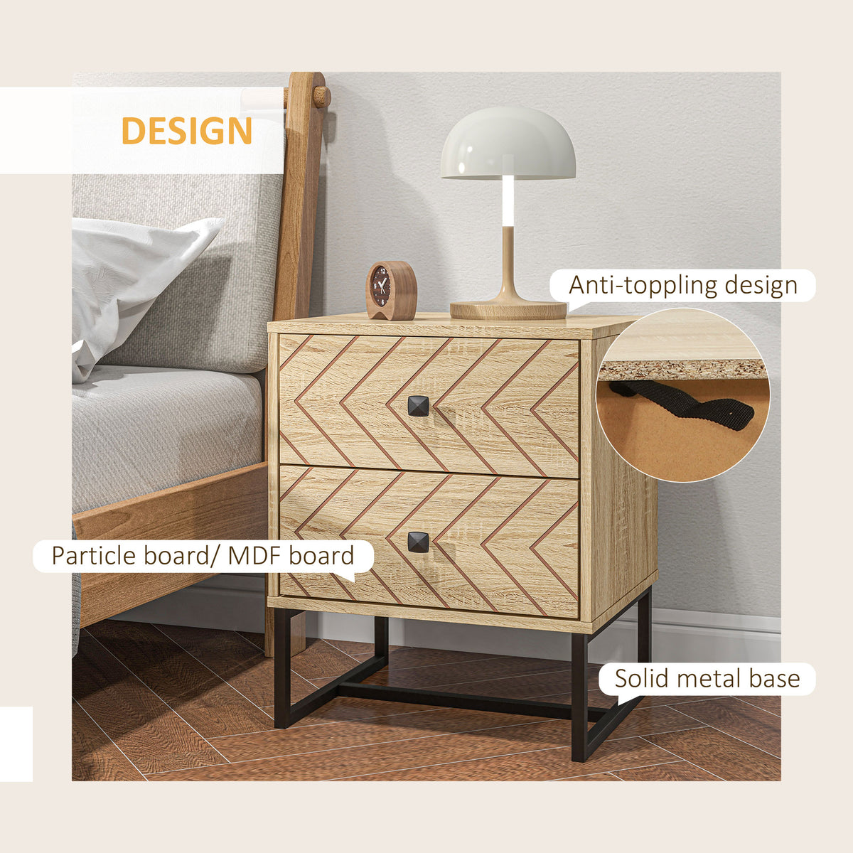 HOMCOM two-drawer nightstand with patterned fronts, metal base, and anti-toppling design