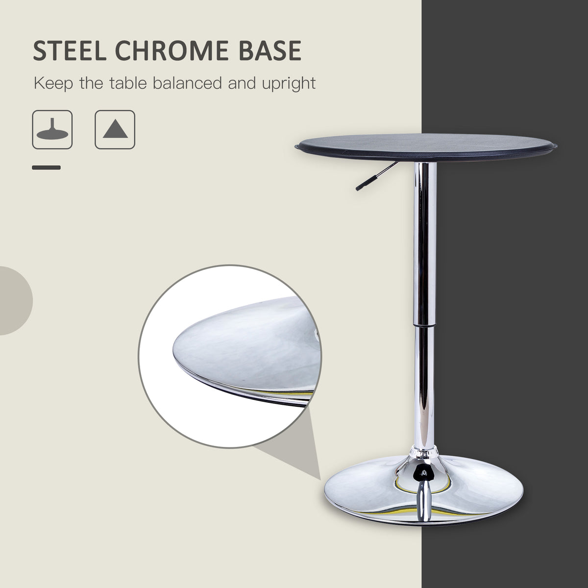 HOMCOM bar table with a polished steel chrome base and adjustable-height column