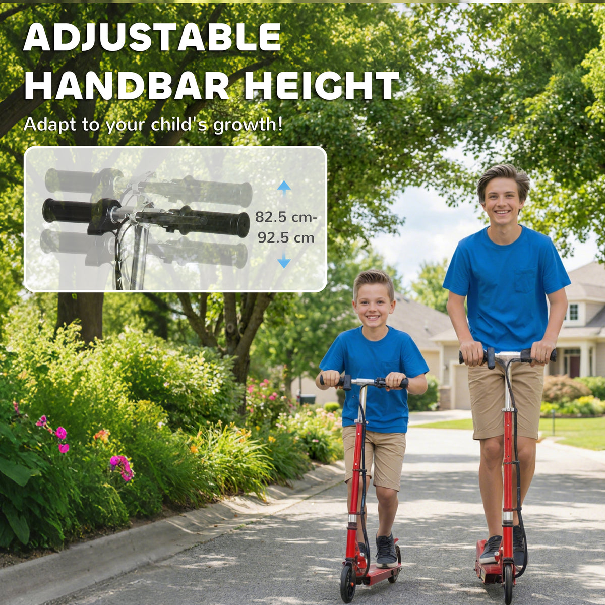 Red HOMCOM electric scooter with adjustable-height handlebars shown in use