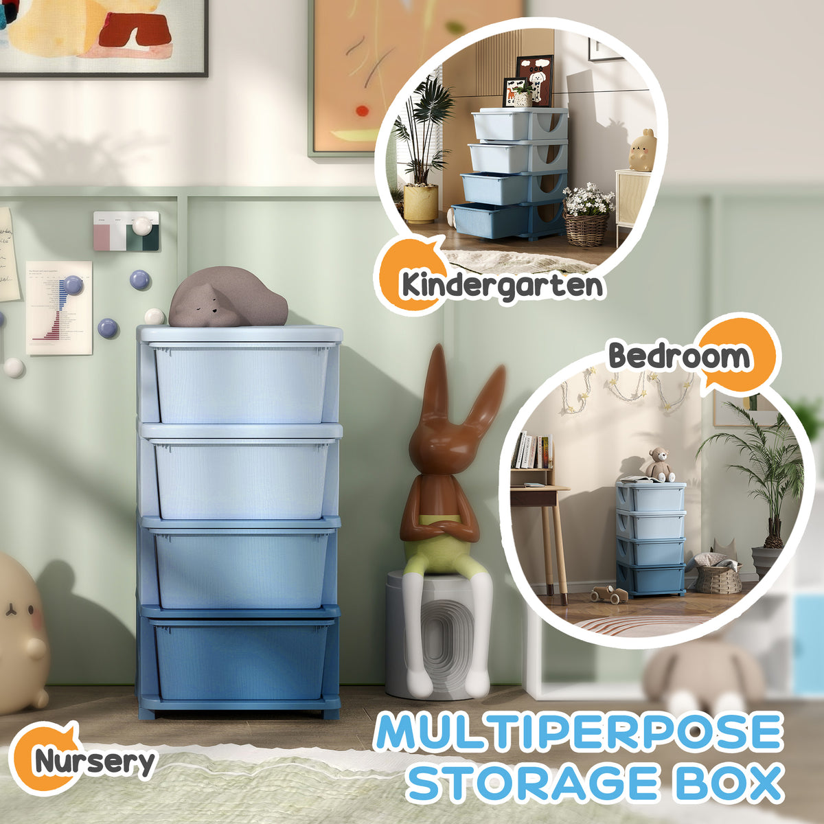 HOMCOM Four-Tier Kids Storage Boxes, with Four Drawers - Blue