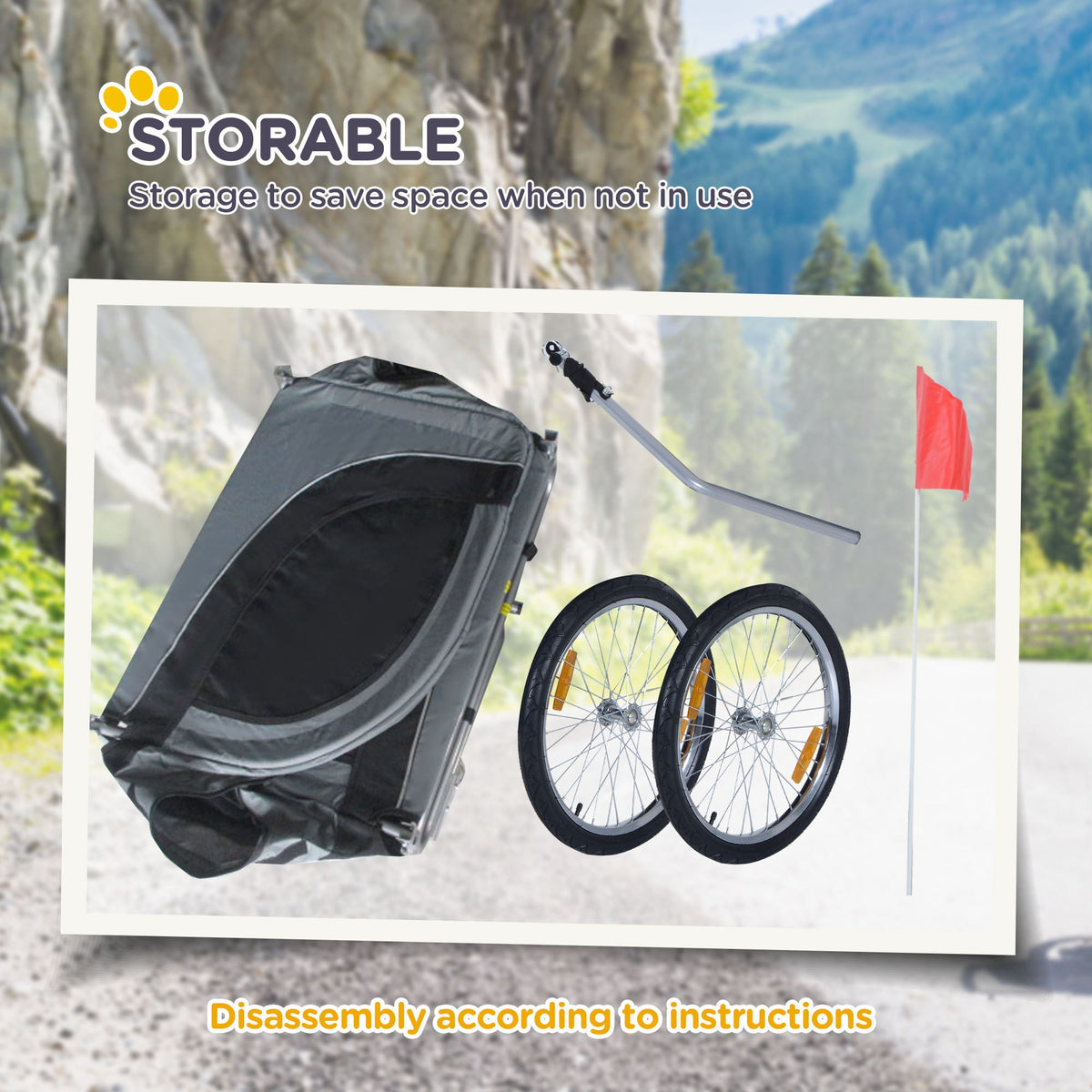 PawHut dog bike trailer folded for storage, with detached wheels, hitch bar and safety flag