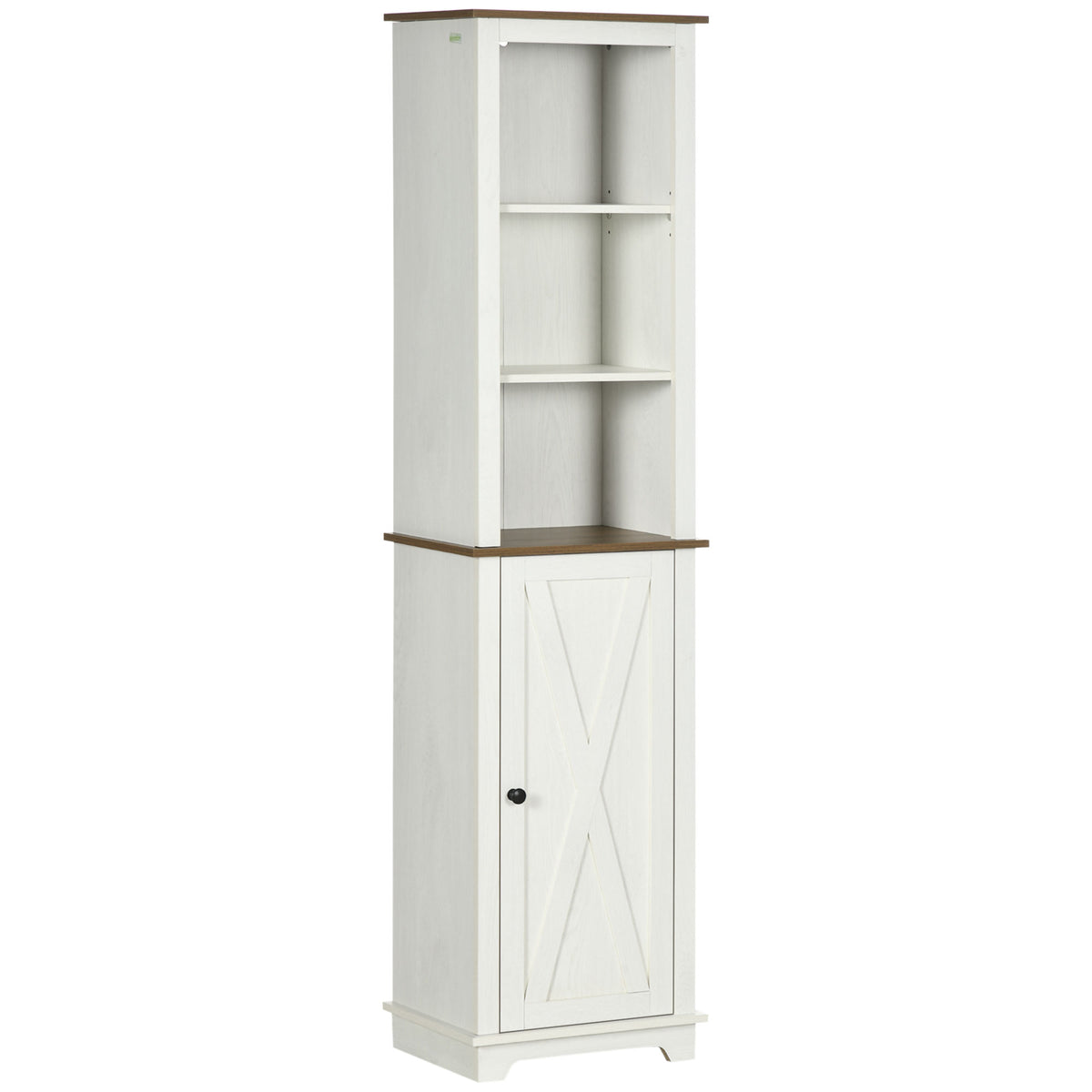 White tall bathroom storage cabinet with open shelves, a cross-braced door, and dark wood-look trim