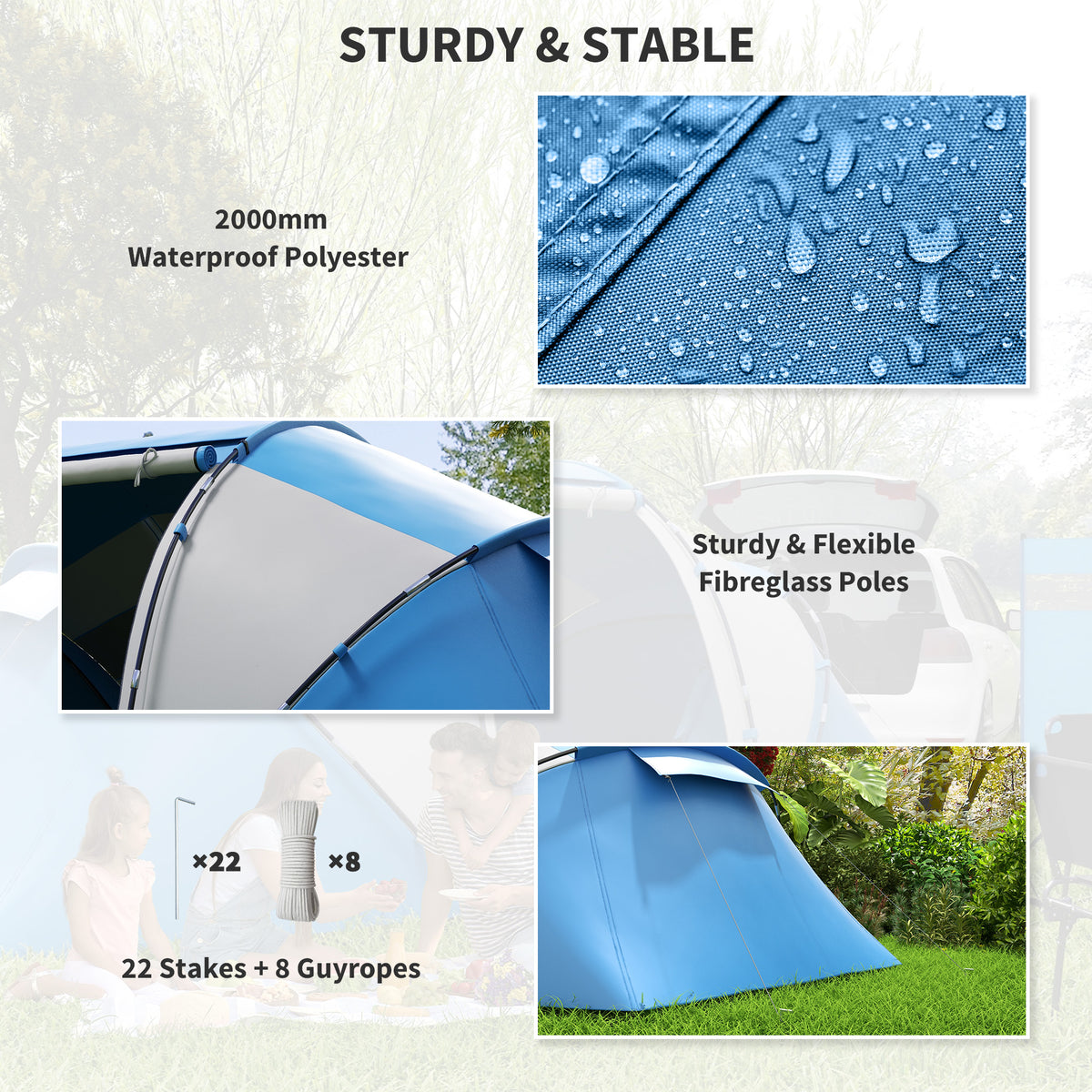 Blue and gray tent fabric with water droplets, flexible poles, stakes, and guy ropes
