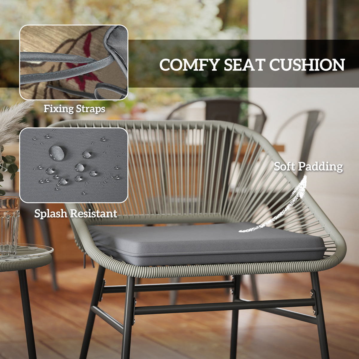 Wicker bistro chair with gray seat cushion and visible cushion attachment straps