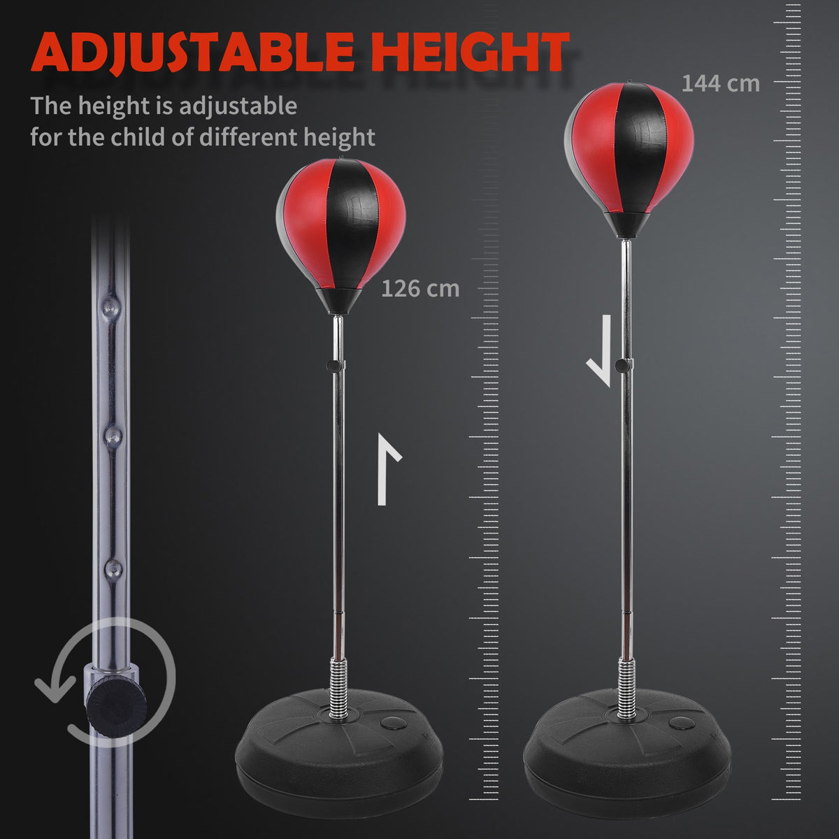 HOMCOM punching bag stand shown at adjustable heights of 126 and 144 cm