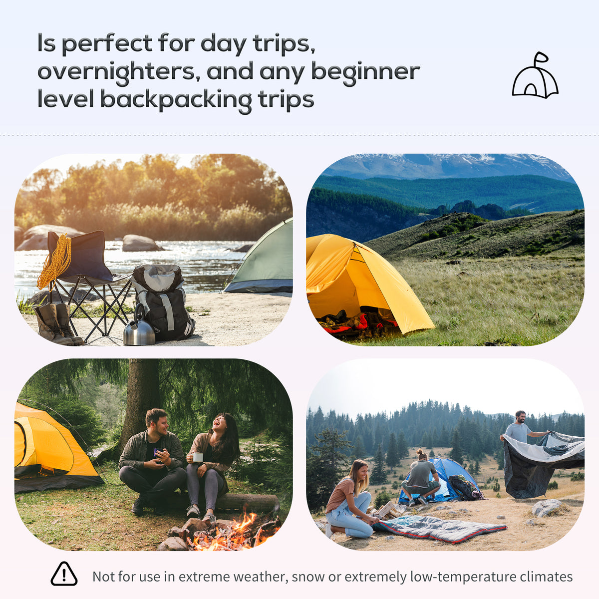 Blue camping tent shown at campsites, suitable for day trips and overnight stays