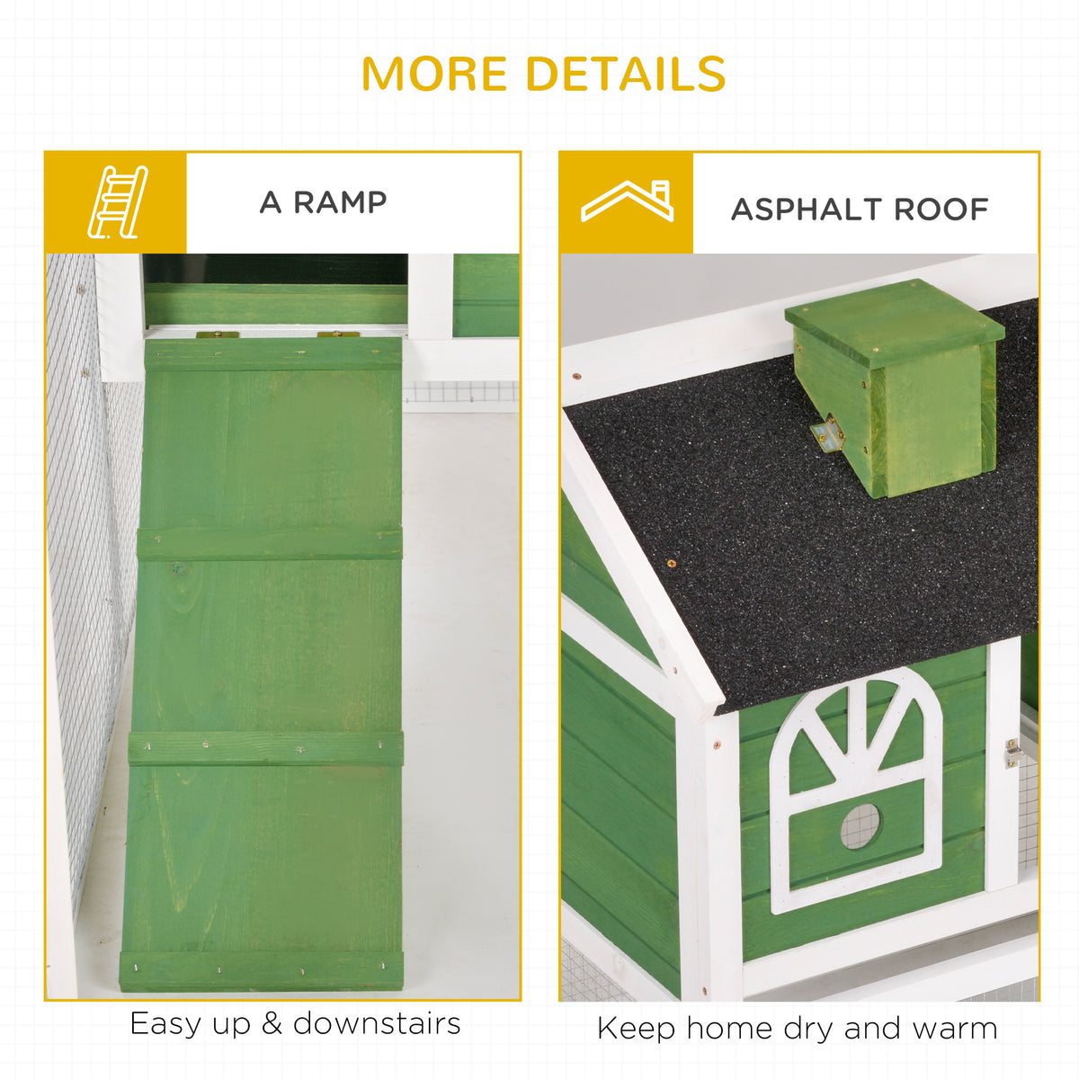 Rabbit hutch details: green wooden ramp and dark asphalt roof.