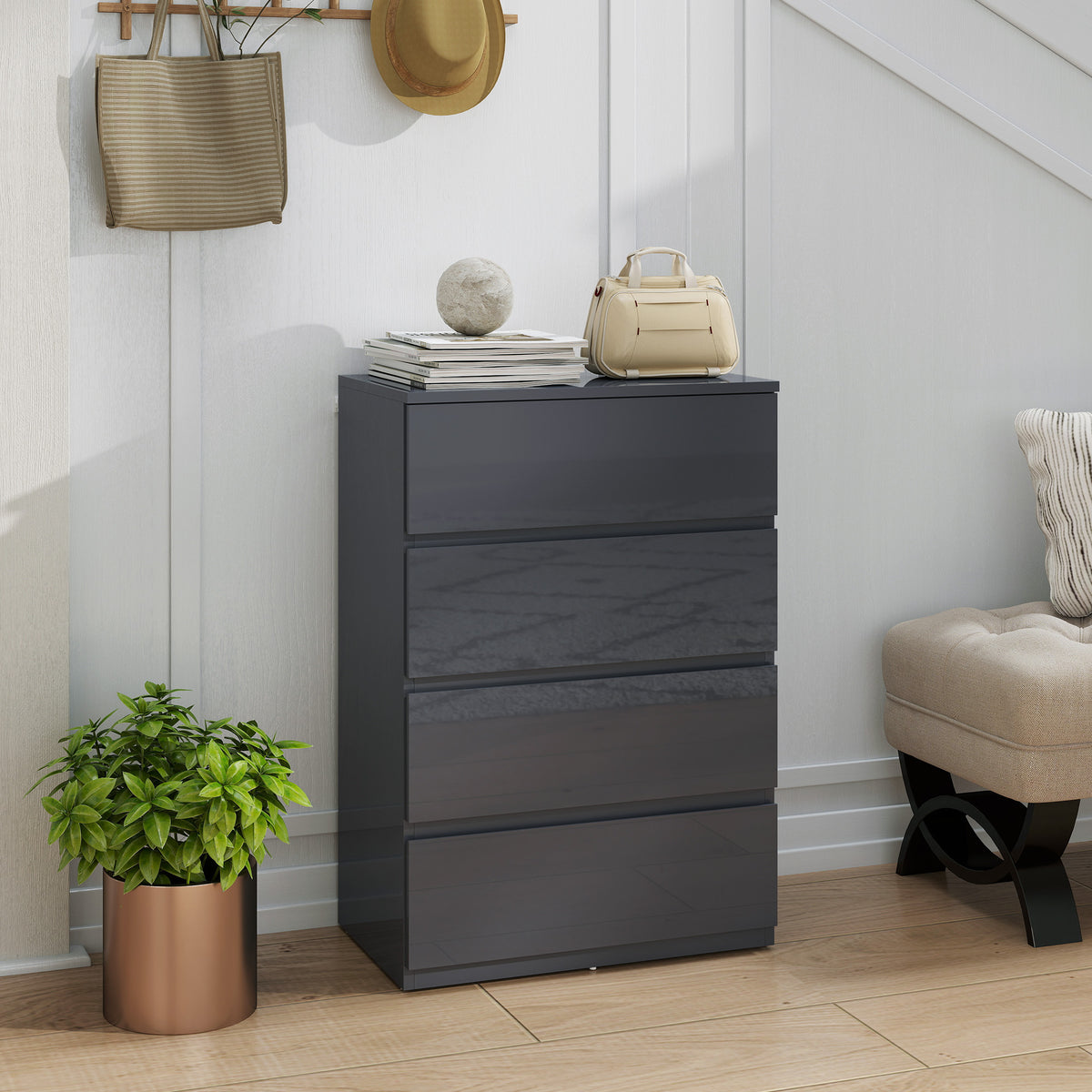 HOMCOM High Gloss Chest of Drawers, 4-Drawer Storage Cabinets, Modern Dresser for Bedroom, Grey