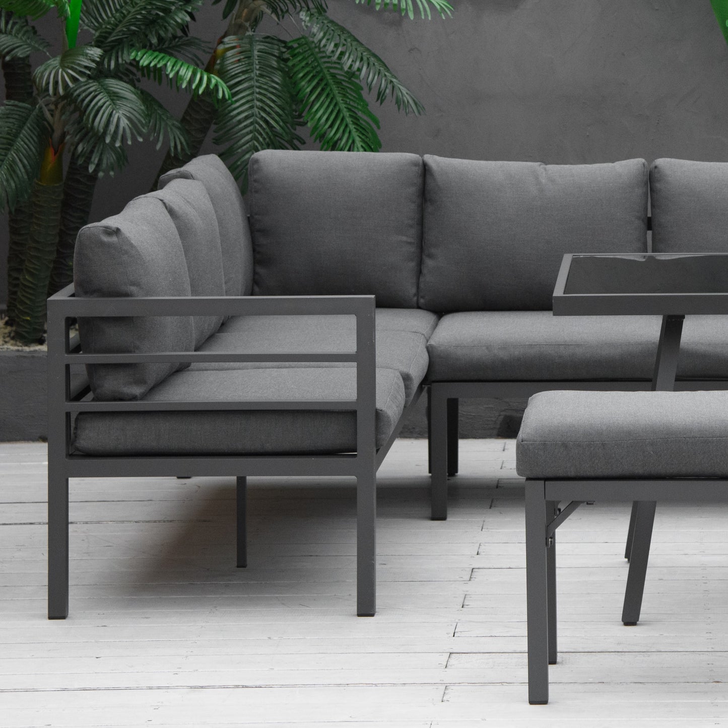 Outsunny 4 Piece L-shaped Garden Furniture Set 8-Seater Aluminium Outdoor Dining Set Conversation Sofa Set w/ Bench, Dining Table & Cushions, Grey
