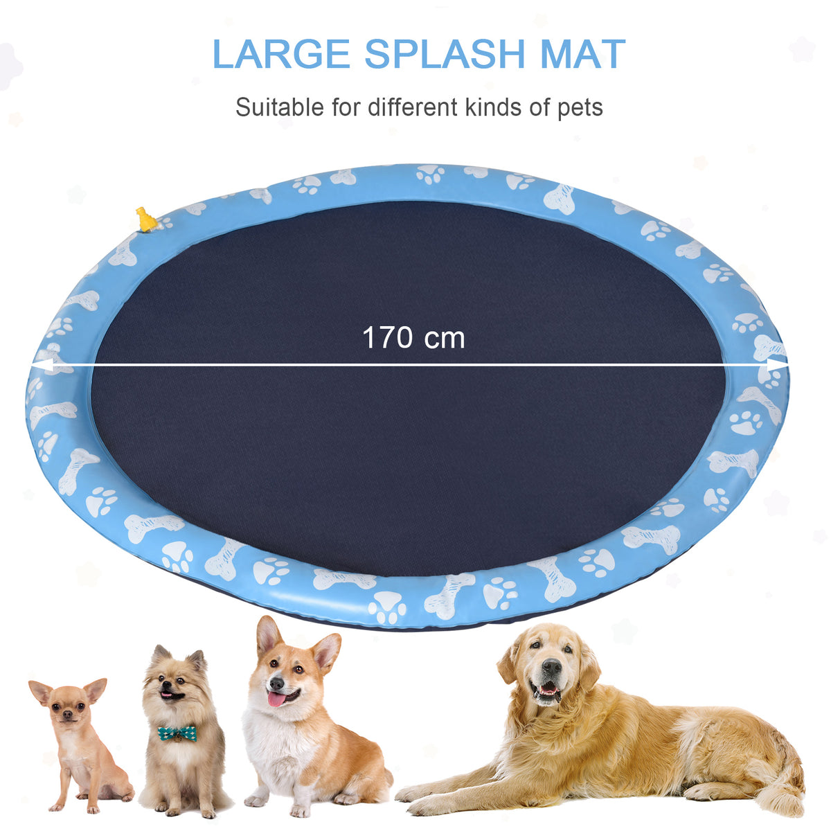 PawHut Dog Splash Pad, Pet Sprinkler Mat, Non-Slip Dog Paddling Pool, Foldable Outdoor Sprinkler and Splash Mat Water Play for Garden, Patio, Summer Fun, 170 cm