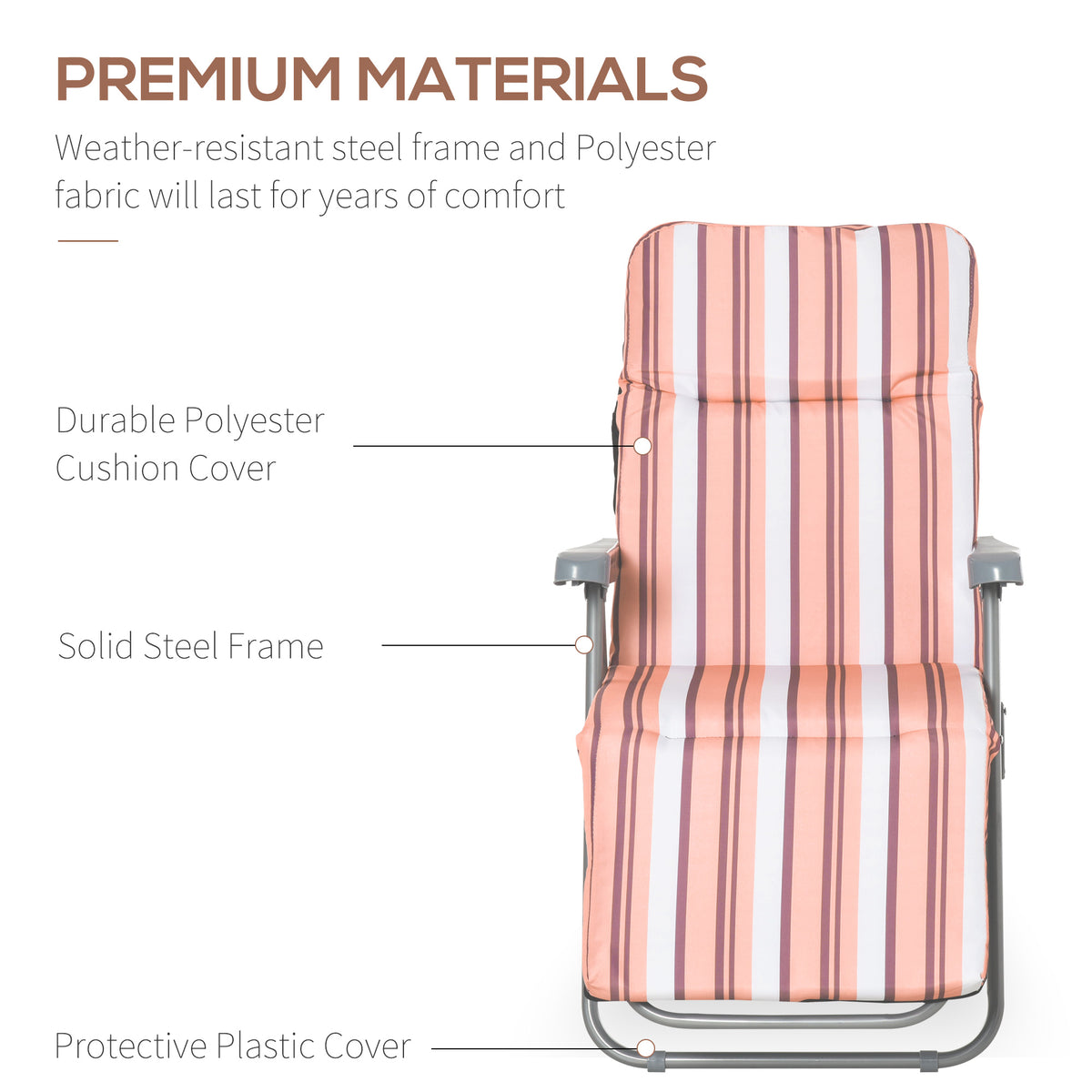 Striped reclining chair showing polyester cushion, steel frame, and protective plastic feet