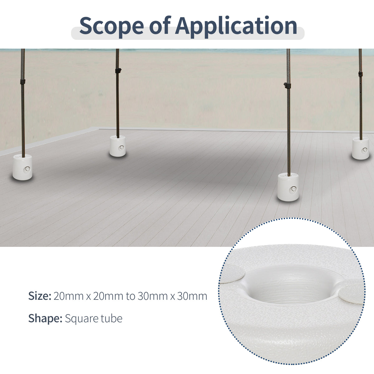 White gazebo leg weight fitted around a canopy pole, with a close-up of its top opening