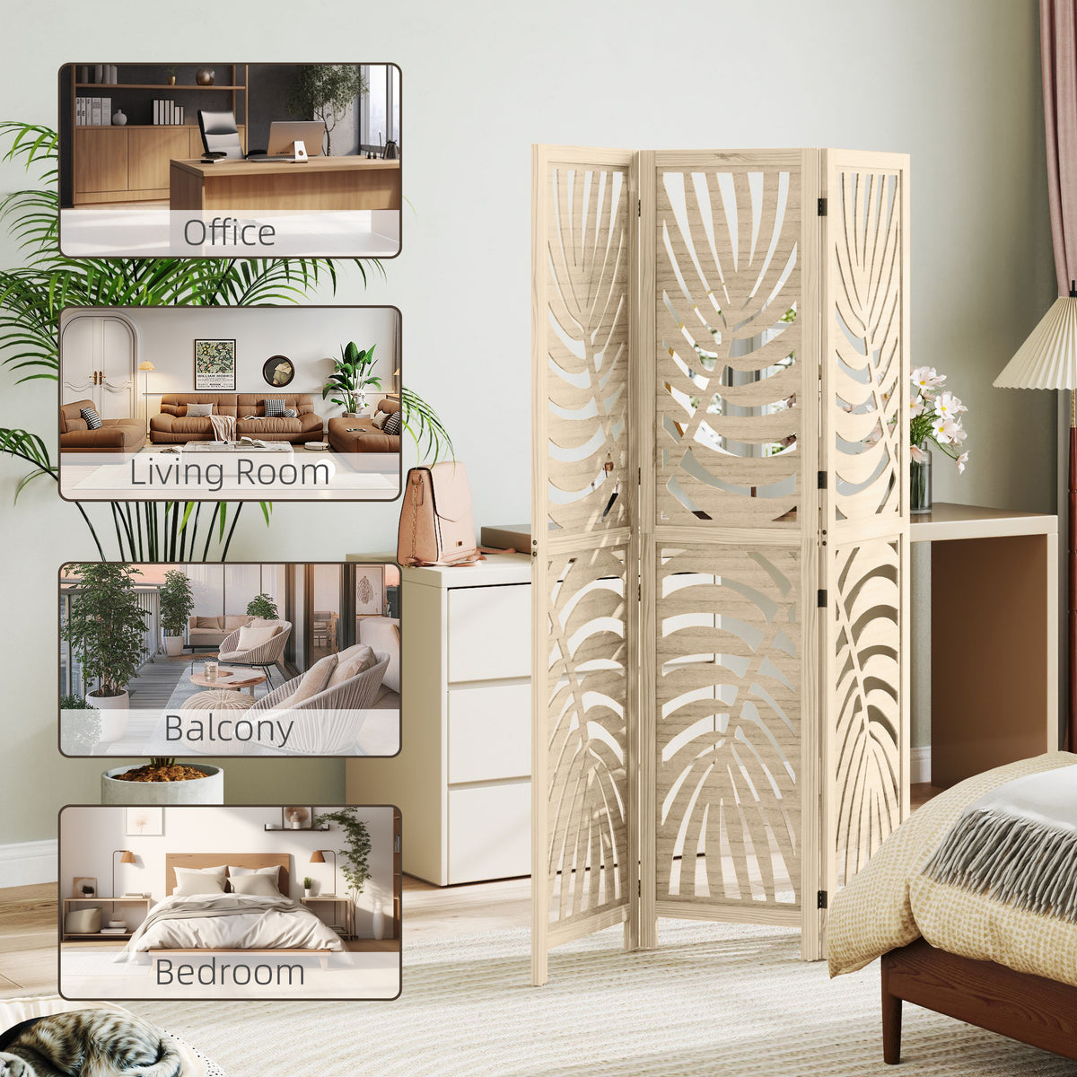 HOMCOM 3 Panel Room Divider, Detachable Folding Privacy Screens with Palm Leaf Design for Home Office, Natural Wood Finish