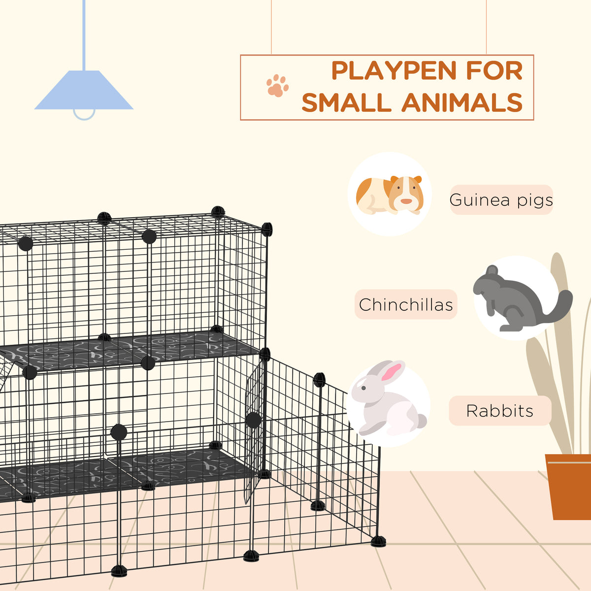 Black wire small-animal playpen with two platforms and an open side door.