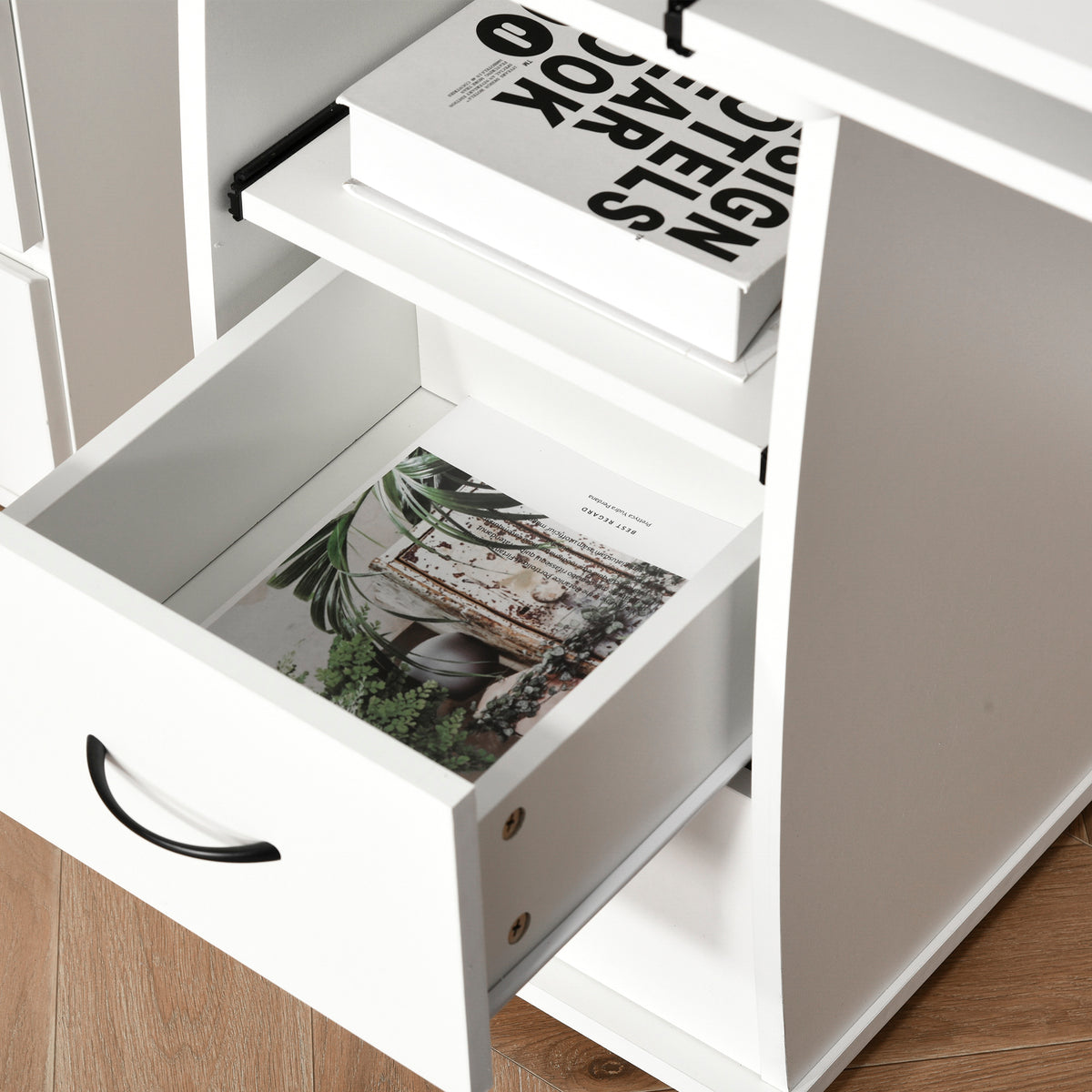 White computer desk with an open drawer and sliding scanner shelf.