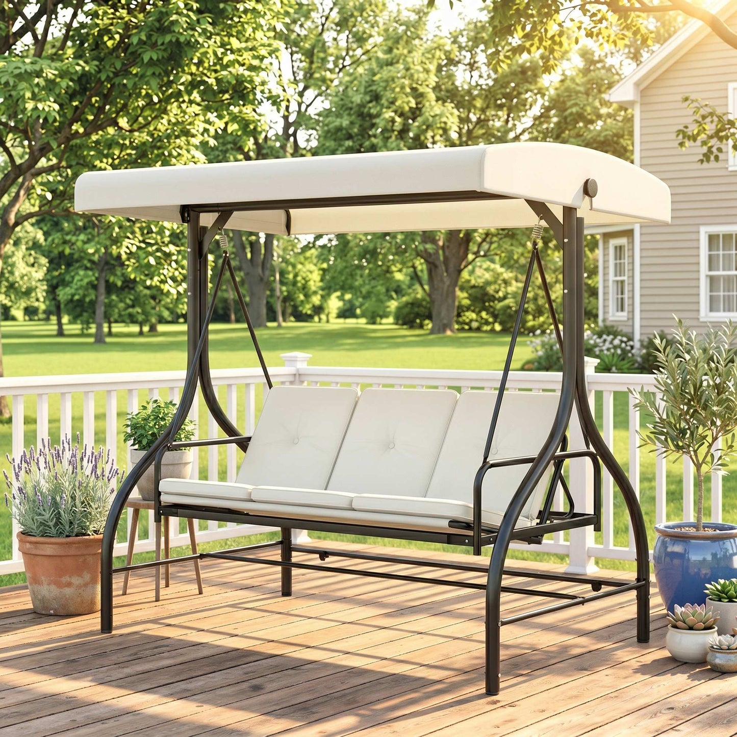 Outsunny 3 Seater Garden Swing Chair, 2 in 1 Convertible Patio Swing Seat Bed with Adjustable Canopy, Cushions and Metal Frame, Outdoor Hammock Bench Chair for Balcony, Terrace, Cream White