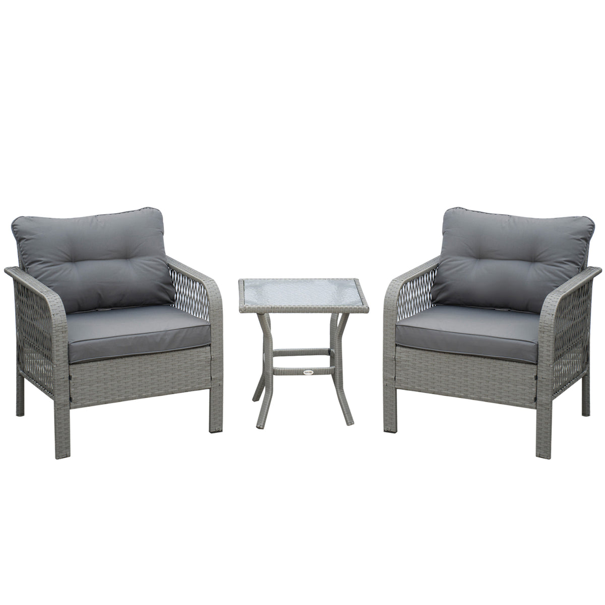 Photo of Outsunny 3 Pieces Rattan Bistro Set with Glass Top Coffee Table, Chairs and Cushions for Outdoor, Patio, Balcony, Grey in Grey colour on a white background