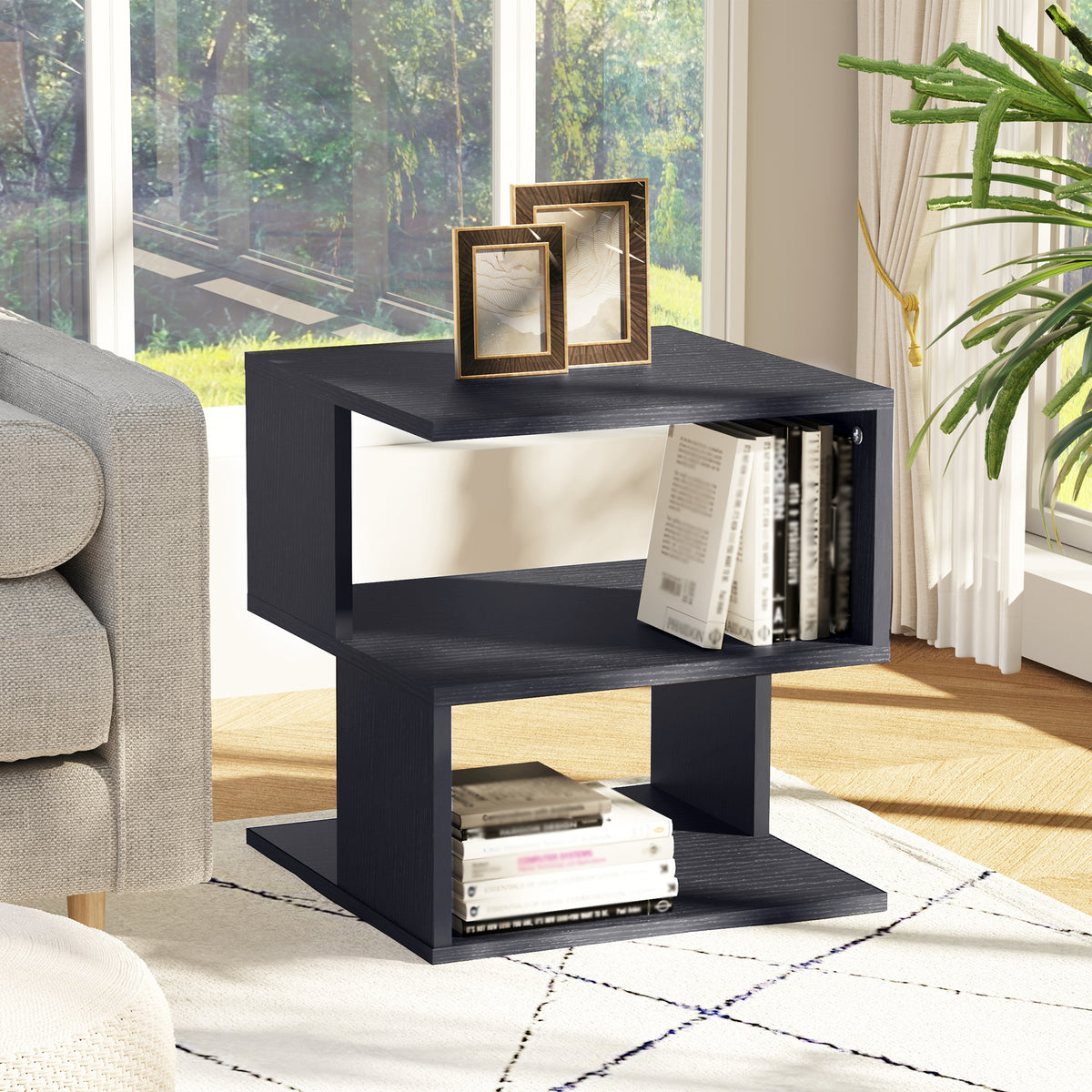 HOMCOM Side Table, Square Coffee Table, Modern End Table with 2 Tier Storage Shelves for Living Room, Bedroom, Black