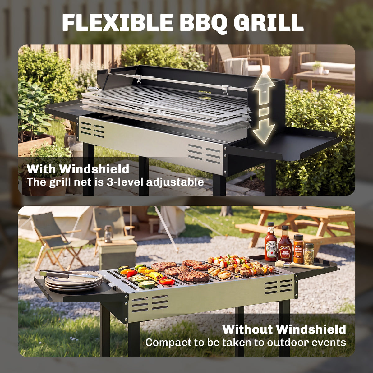 Outsunny charcoal grill shown with and without its removable wind shield