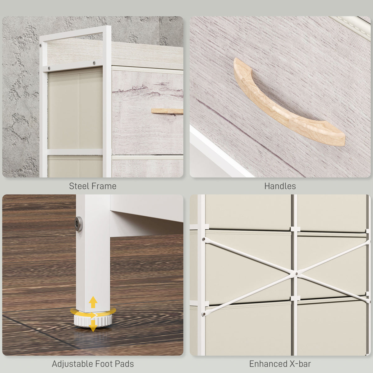 HOMCOM chest detail collage showing steel frame, wood-tone handles, adjustable feet and X-bar