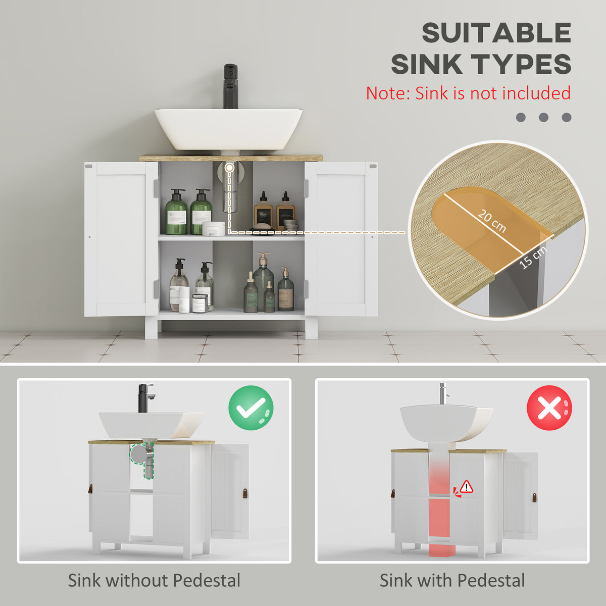 White under-sink bathroom cabinet with open doors, storage shelves, and a basin without pedestal