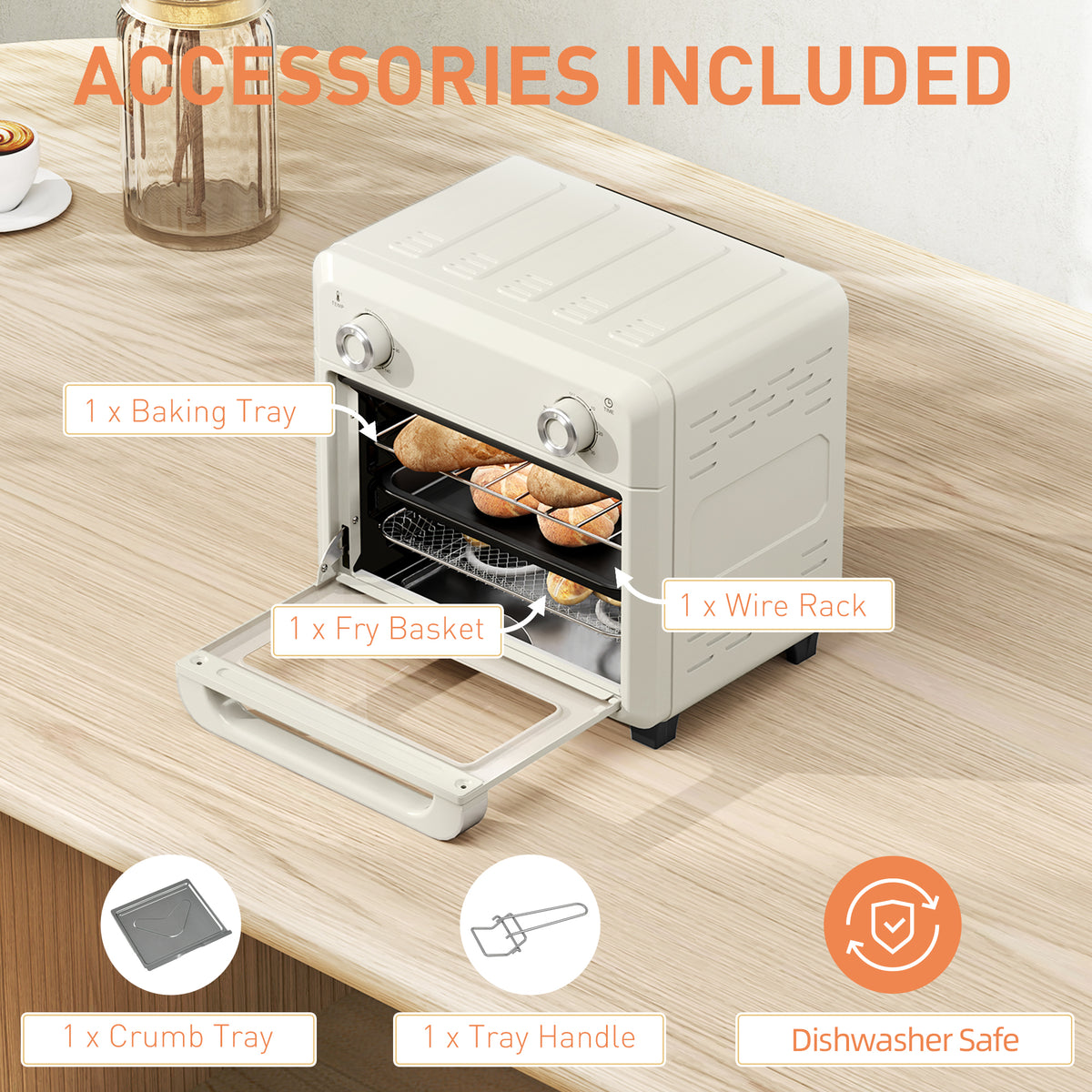 HOMCOM cream air fryer oven with baking tray, fry basket, wire rack, crumb tray and handle