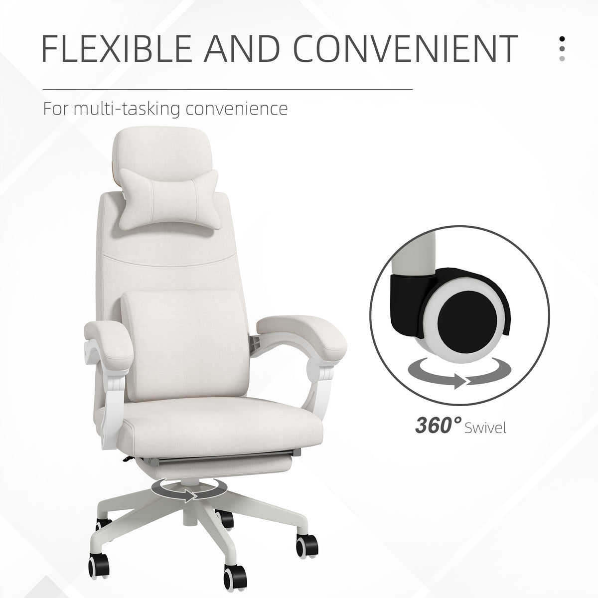 White swivel office chair with padded headrest, lumbar cushion and armrests