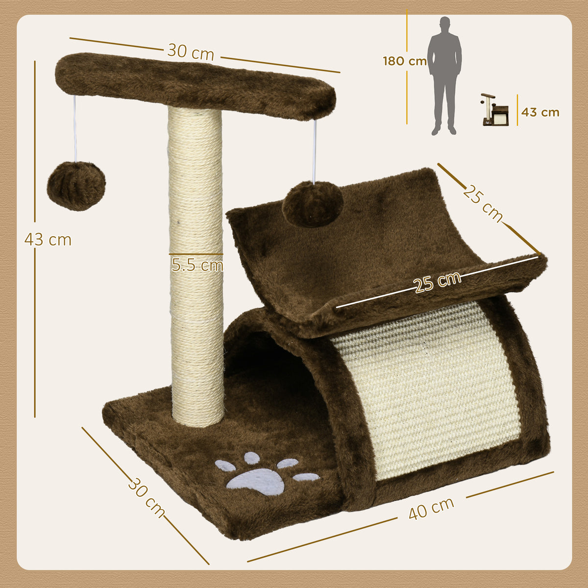 Brown cat tree with sisal scratching post, tunnel, raised perch, top bar, and dangling balls