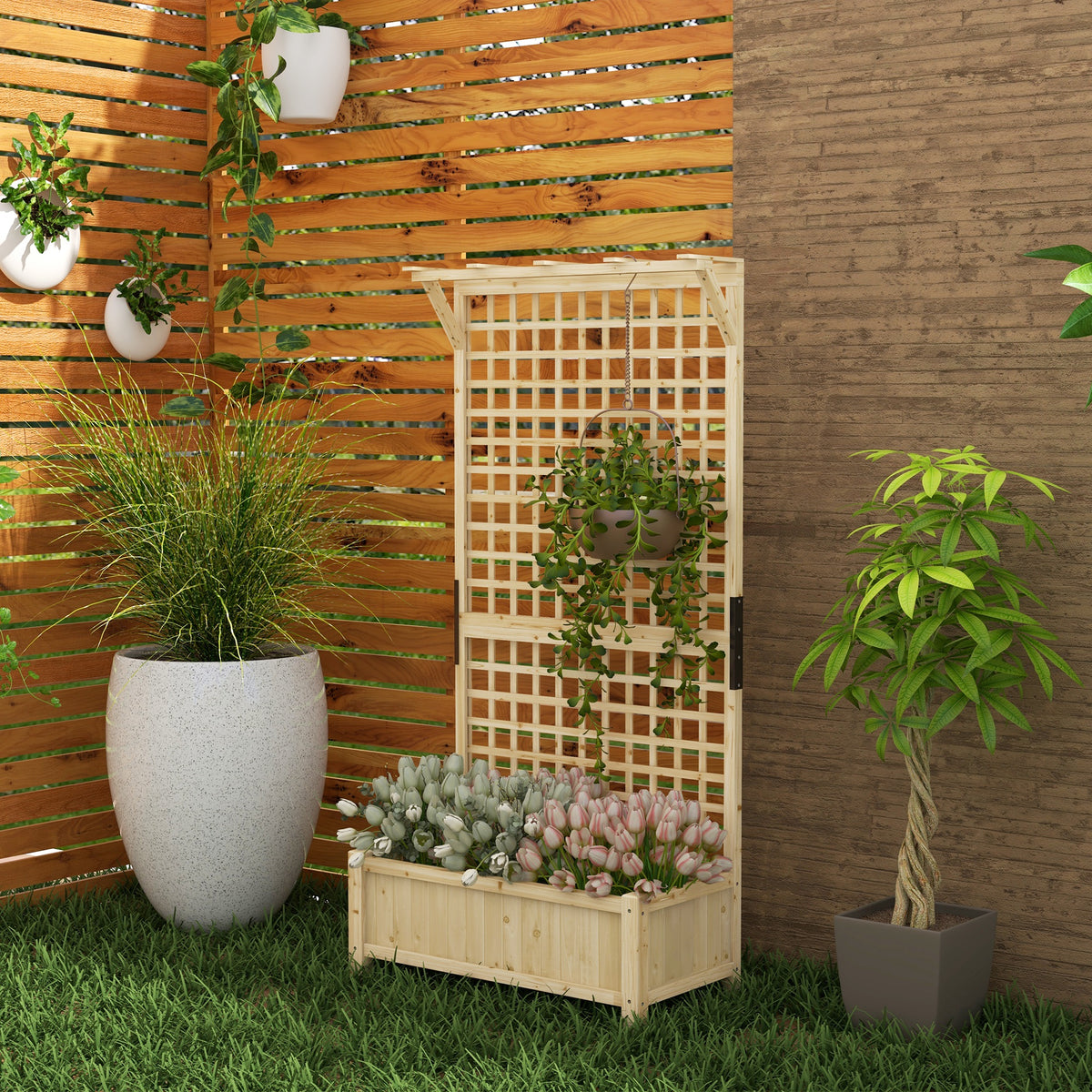 Outsunny Raised Bed & Privacy Screen with Drainage Holes, Wood Planter with Trellis for Climbing Plants to Grow Vegetables, Flowers, Natural